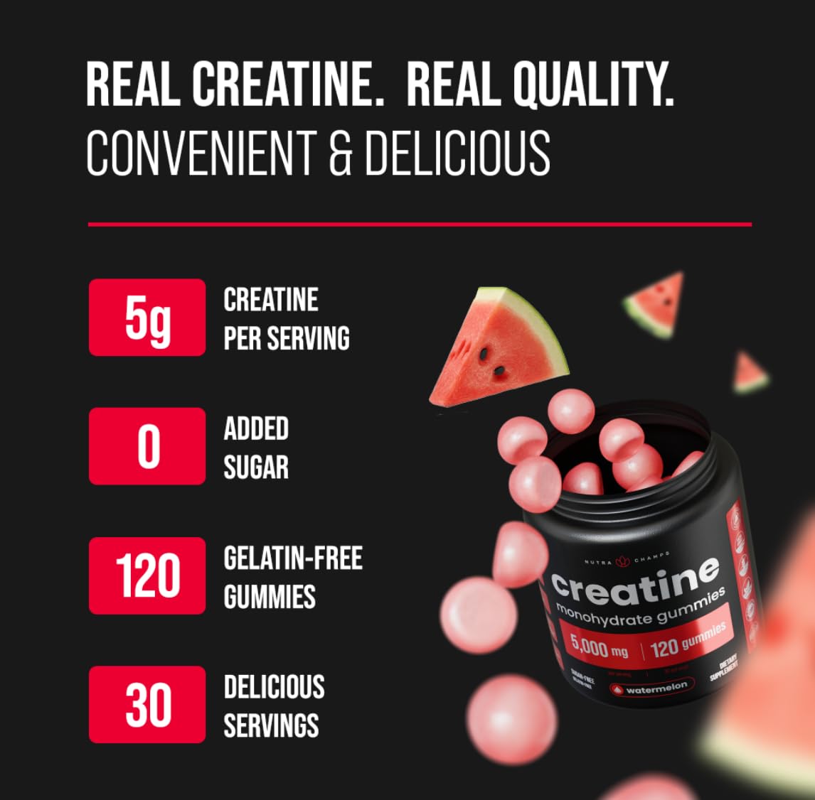 NutraChamps 120 Creatine Gummies for Men & Women - 5g Sugar Free Chewable Creatine Monohydrate Gummies - Supports Protein Synthesis, Muscle Recovery & Workout Performance - Maple Wellness Supplements