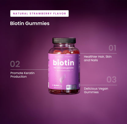 NutraChamps (2 Pack) Biotin Gummies 10,000mcg [High Potency] for Healthy Hair, Skin & Nails for Adults & Kids - 5000mcg in Each Gummy Vitamin - Vegan, Non-GMO - Maple Wellness Supplements