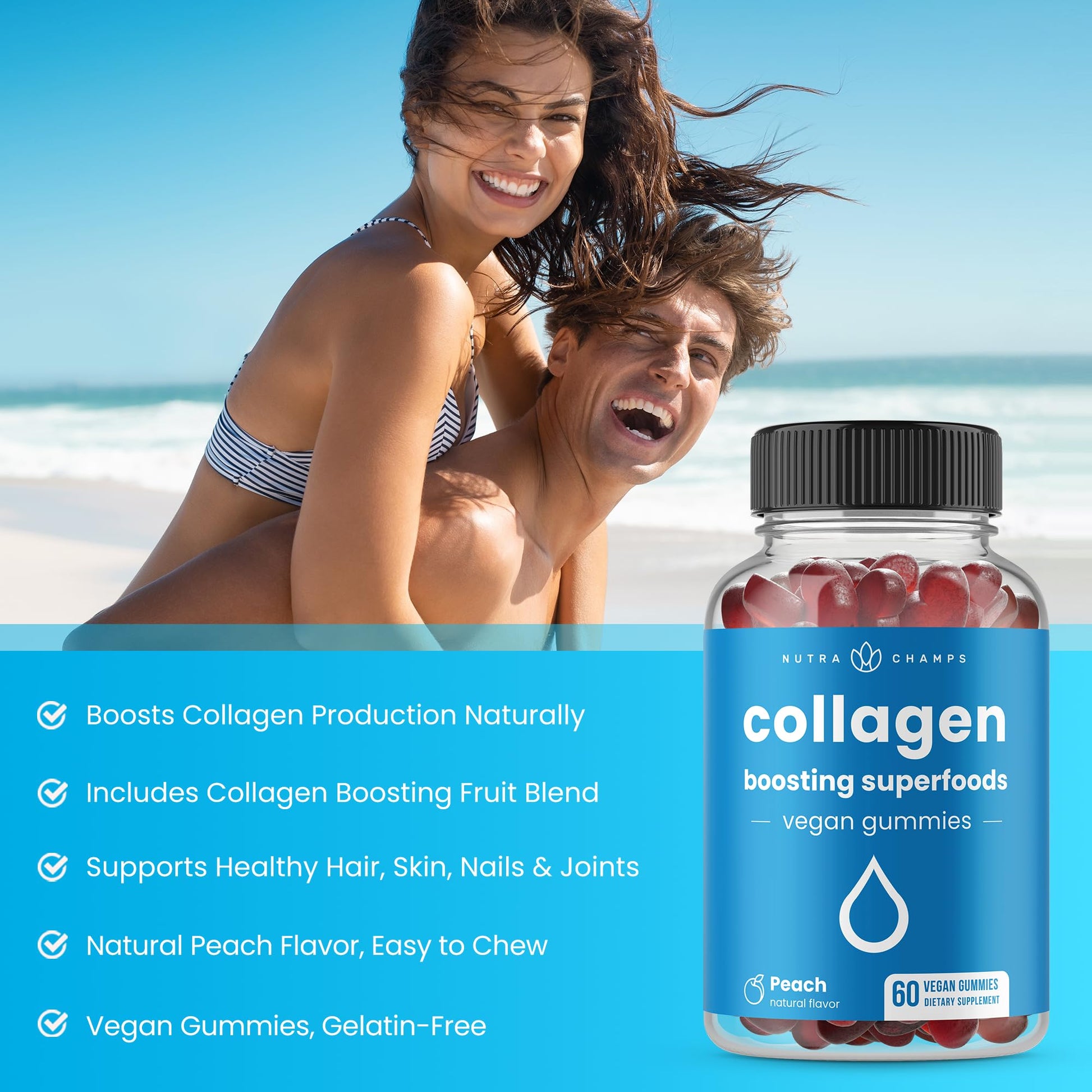 NutraChamps Collagen Boosting Gummies, Collagen Booster Gummy for Natural Collagen Production, Vegan Pectin Supplements Chews for Women & Men, - Maple Wellness Supplements