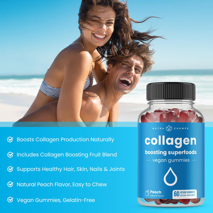 NutraChamps Collagen Boosting Gummies, Collagen Booster Gummy for Natural Collagen Production, Vegan Pectin Supplements Chews for Women & Men, - Maple Wellness Supplements