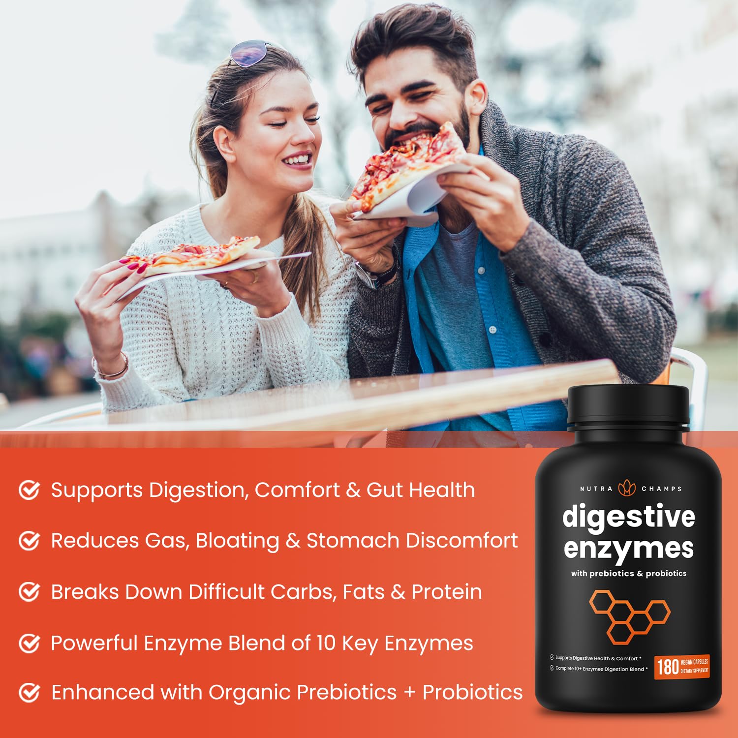 NutraChamps Digestive Enzymes with Probiotics and Prebiotics for Women & Men - 180 Vegan Capsules with Bromelain for Bloating & Optimal Gut Health - Maple Wellness Supplements