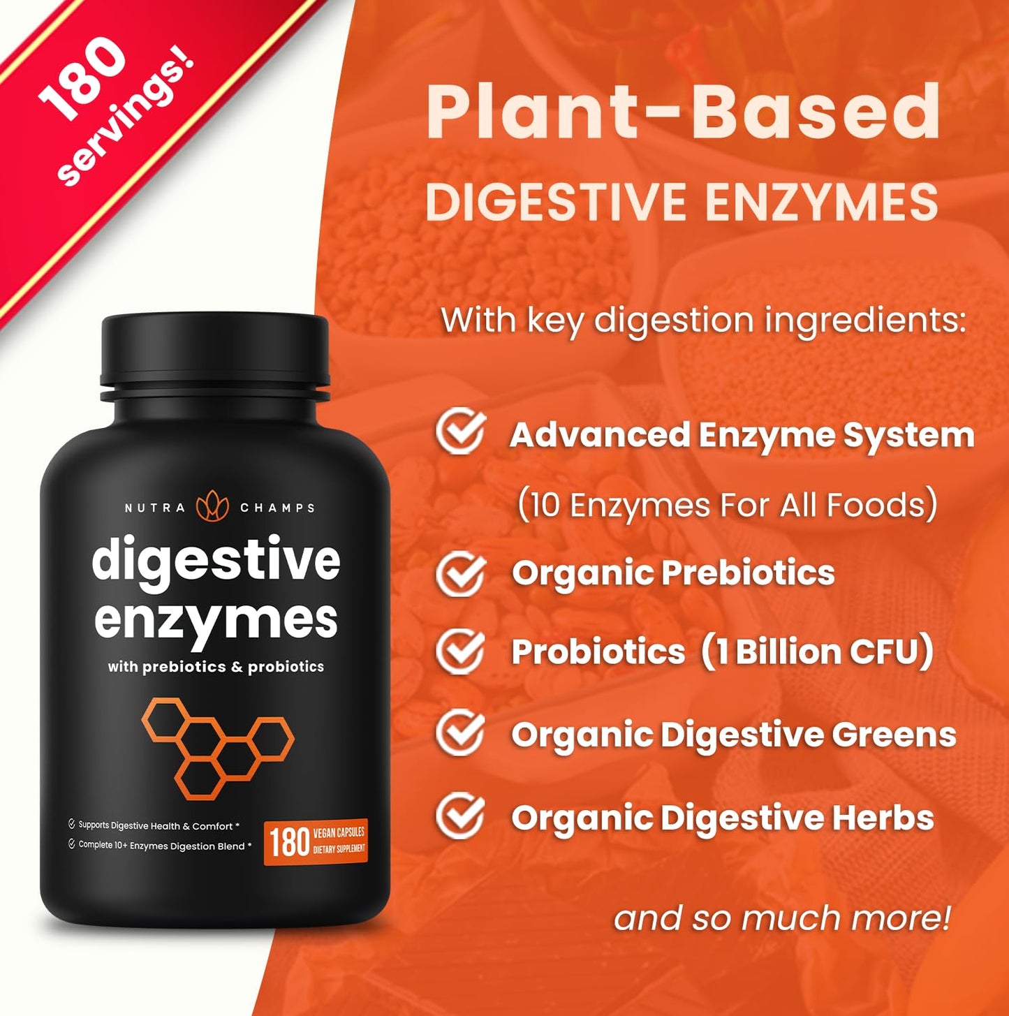 NutraChamps Digestive Enzymes with Probiotics and Prebiotics for Women & Men - 180 Vegan Capsules with Bromelain for Bloating & Optimal Gut Health - Maple Wellness Supplements