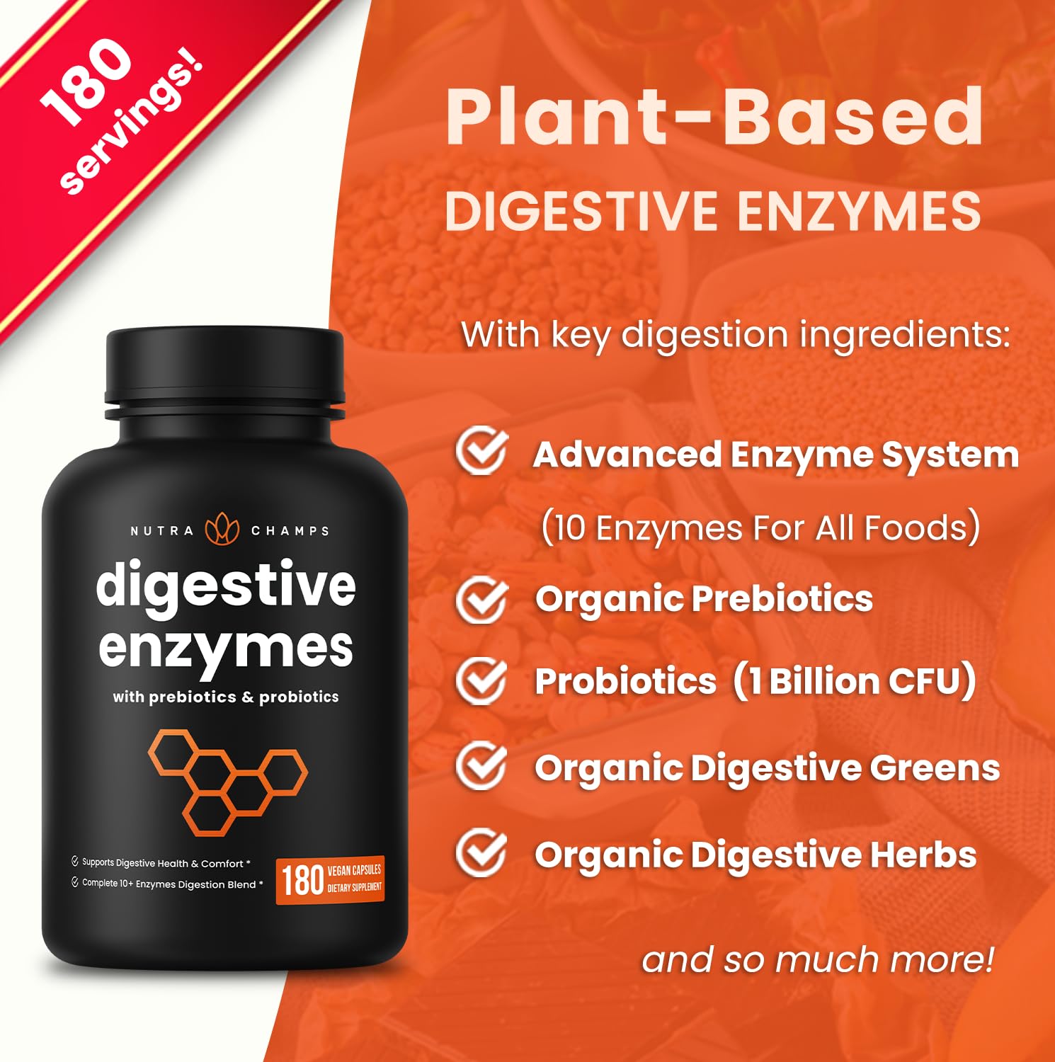 NutraChamps Digestive Enzymes with Probiotics and Prebiotics for Women & Men - 180 Vegan Capsules with Bromelain for Bloating & Optimal Gut Health - Maple Wellness Supplements