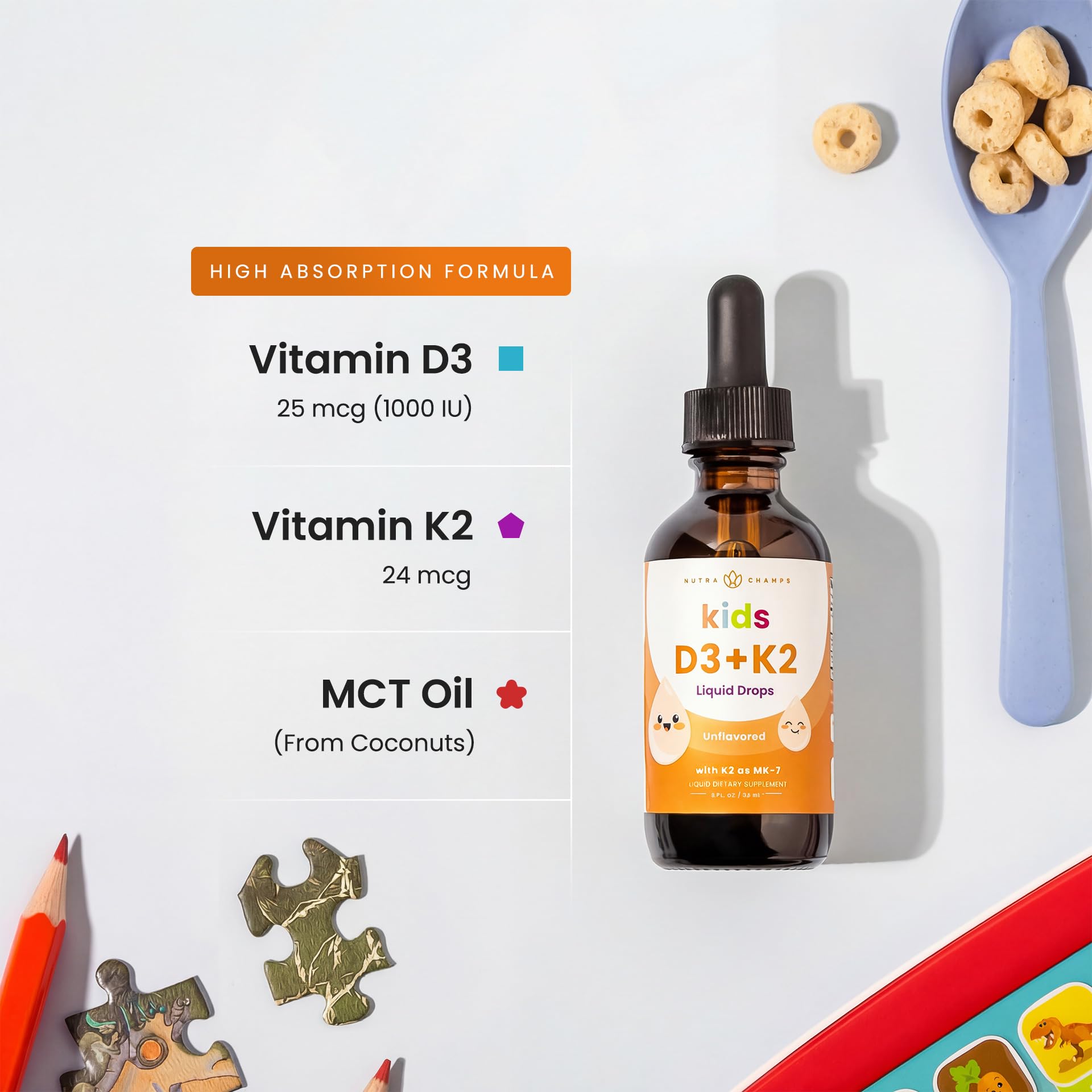 NutraChamps Kids Vitamin D 3 K2 Drops, Vitamin D3 & K2 MK-7, Liquid Vitamin D for Kids 1000 IU, Healthy Bones, Heart & Immune System, - Maple Wellness Supplements