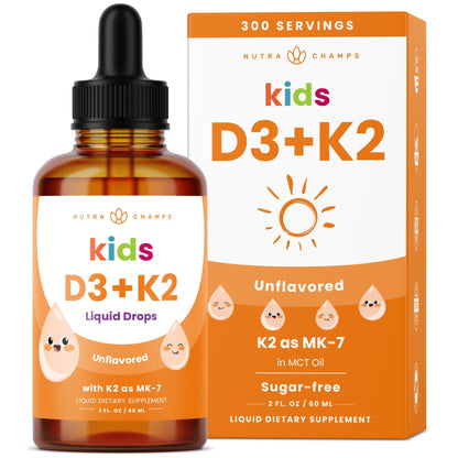 NutraChamps Kids Vitamin D 3 K2 Drops, Vitamin D3 & K2 MK-7, Liquid Vitamin D for Kids 1000 IU, Healthy Bones, Heart & Immune System, - Maple Wellness Supplements