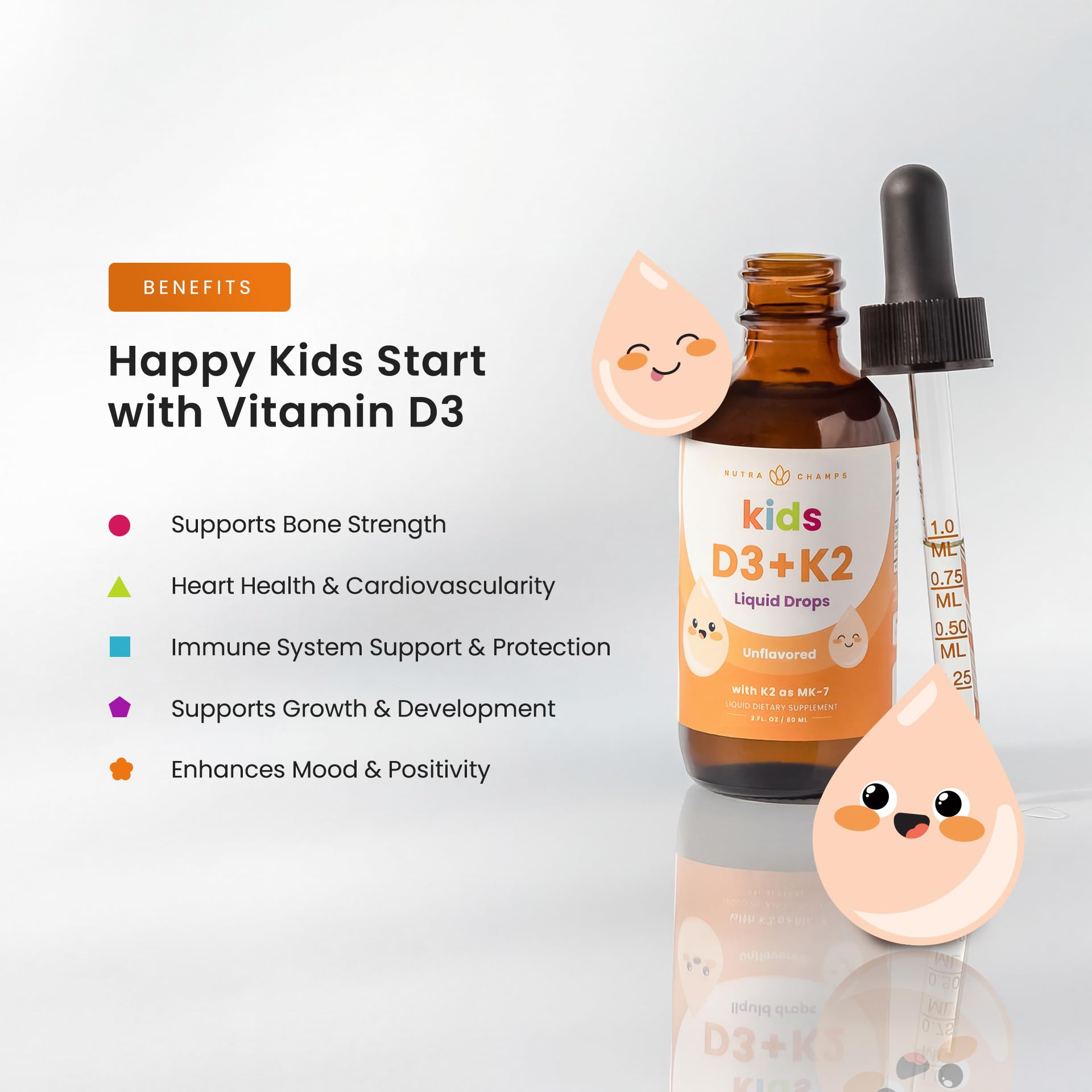 NutraChamps Kids Vitamin D 3 K2 Drops, Vitamin D3 & K2 MK-7, Liquid Vitamin D for Kids 1000 IU, Healthy Bones, Heart & Immune System, - Maple Wellness Supplements
