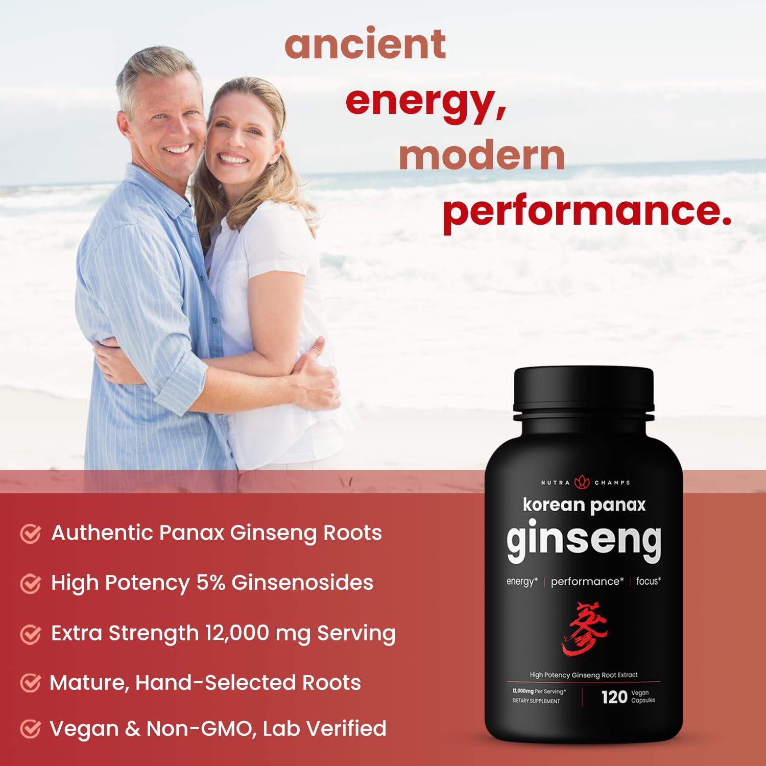 NutraChamps Korean Red Panax Ginseng Capsules | Extra Strength Ginsenosides for Energy, Focus, Performance, Vitality & Immune Support - Maple Wellness Supplements