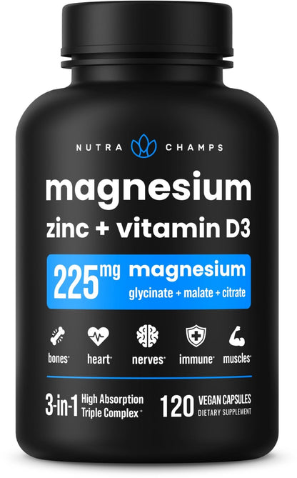 NutraChamps Magnesium Zinc & Vitamin D3 Supplement - Most Bioavailable Forms; Magnesium Glycinate, Malate, Citrate - Bone, Muscle & Heart Health, - Maple Wellness Supplements