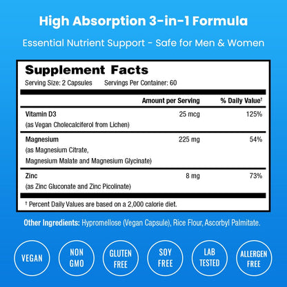 NutraChamps Magnesium Zinc & Vitamin D3 Supplement - Most Bioavailable Forms; Magnesium Glycinate, Malate, Citrate - Bone, Muscle & Heart Health, - Maple Wellness Supplements