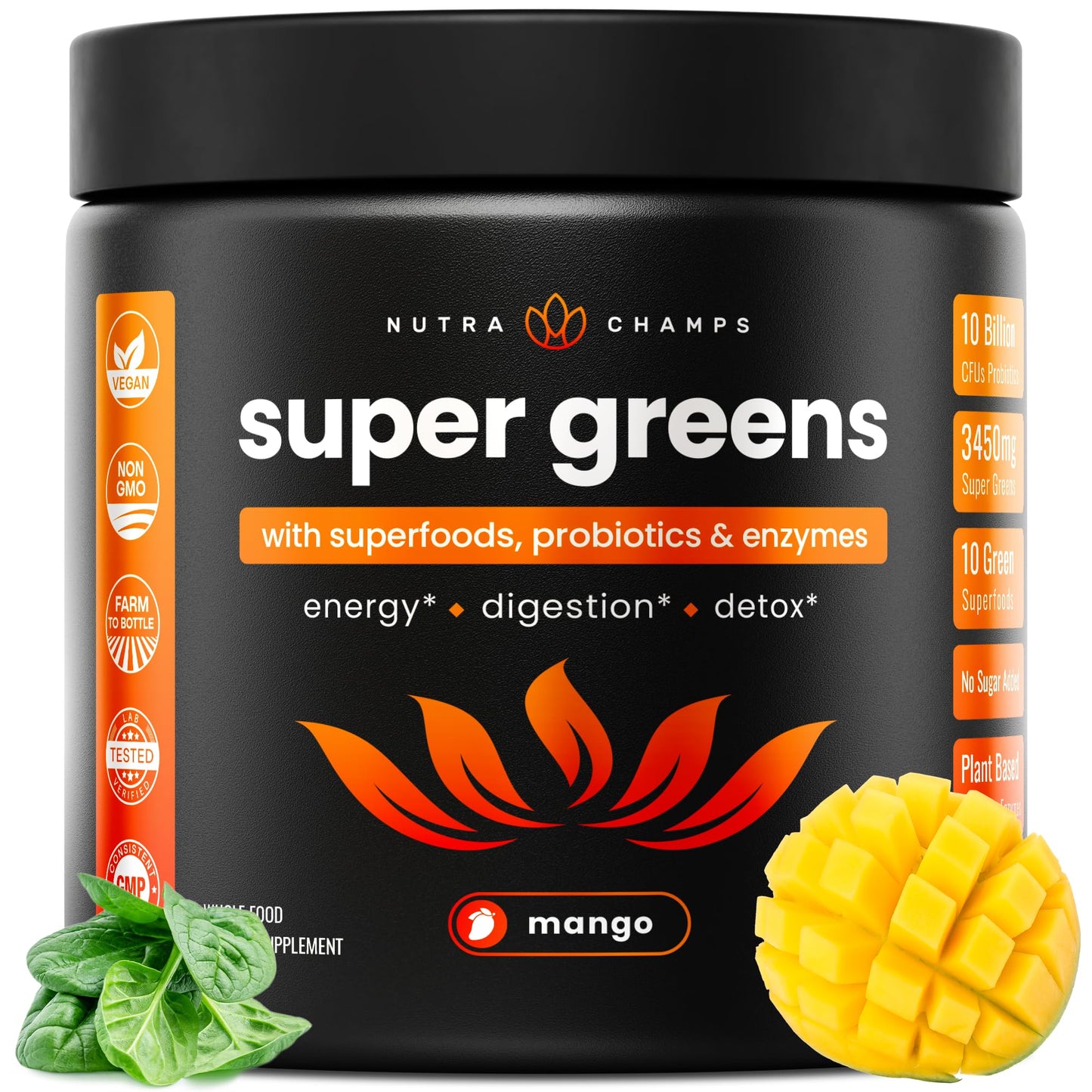 NutraChamps Super Greens Powder Premium Superfood | 20+ Organic Green Veggie Whole Foods | Wheat Grass, Spirulina, Chlorella | Antioxidant, Digestive Enzyme - Maple Wellness Supplements