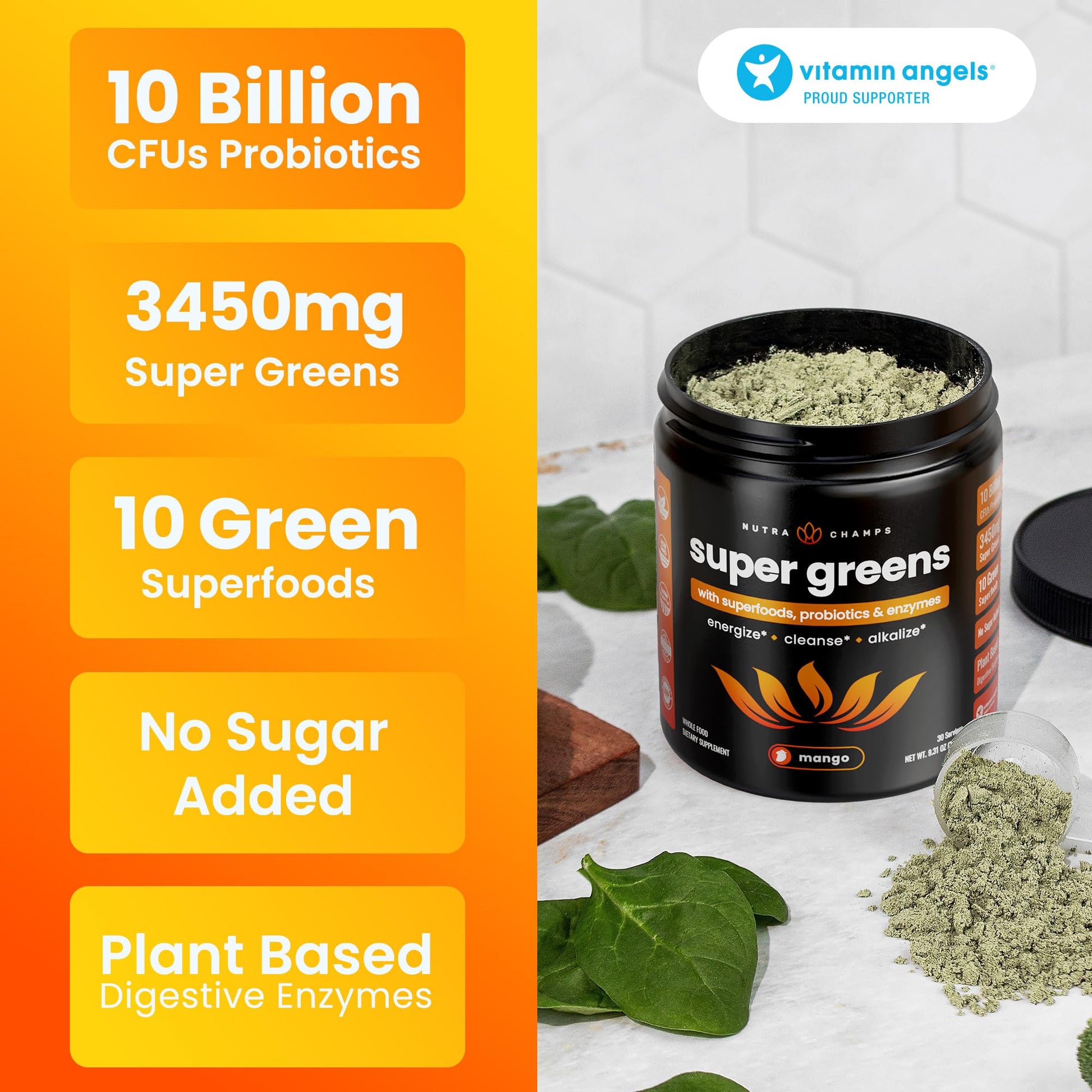 NutraChamps Super Greens Powder Premium Superfood | 20+ Organic Green Veggie Whole Foods | Wheat Grass, Spirulina, Chlorella | Antioxidant, Digestive Enzyme - Maple Wellness Supplements