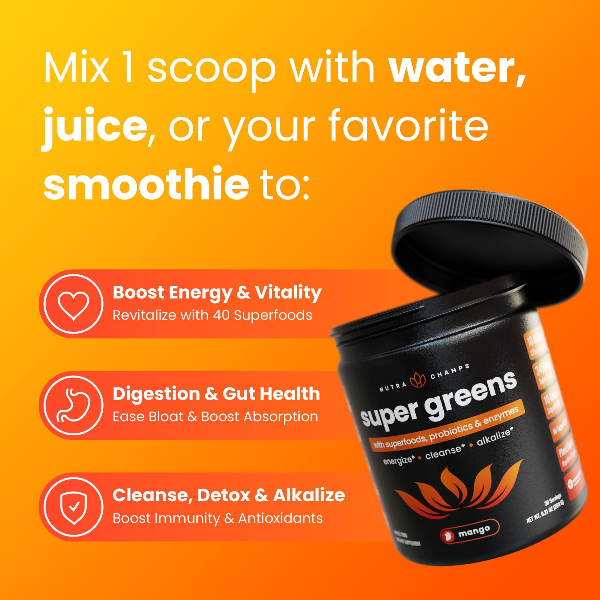 NutraChamps Super Greens Powder Premium Superfood | 20+ Organic Green Veggie Whole Foods | Wheat Grass, Spirulina, Chlorella | Antioxidant, Digestive Enzyme - Maple Wellness Supplements
