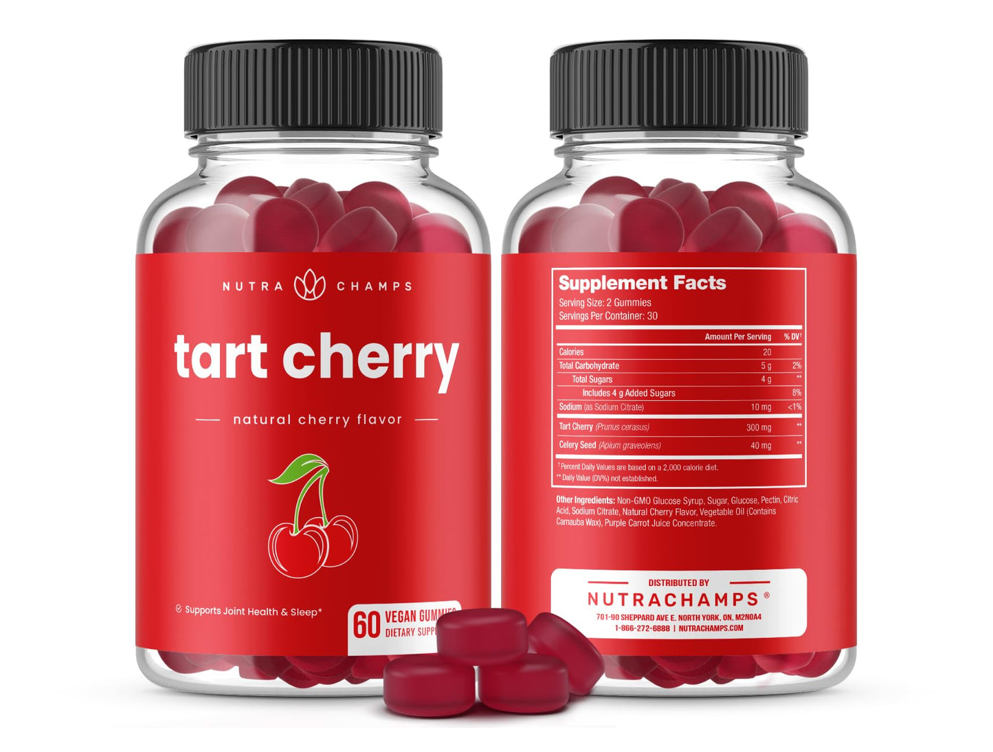 NutraChamps Tart Cherry Gummies - Tart Cherry Extract with Celery Seed - 60 Vegan Gummies (2-Pack) - Maple Wellness Supplements