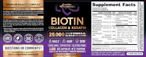NUTRAHARMONY Biotin | Collagen | Hyaluronic Acid | Keratin - Support Normal Hair Growth Cycle - Skin & Nails - 25000mcg Vitamins B1, B2, B3, B6 & B7 - Maple Wellness Supplements