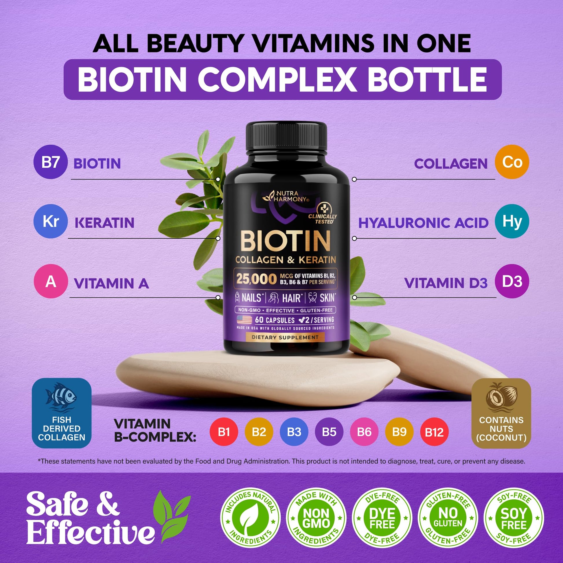 NUTRAHARMONY Biotin | Collagen | Hyaluronic Acid | Keratin - Support Normal Hair Growth Cycle - Skin & Nails - 25000mcg Vitamins B1, B2, B3, B6 & B7 - Maple Wellness Supplements