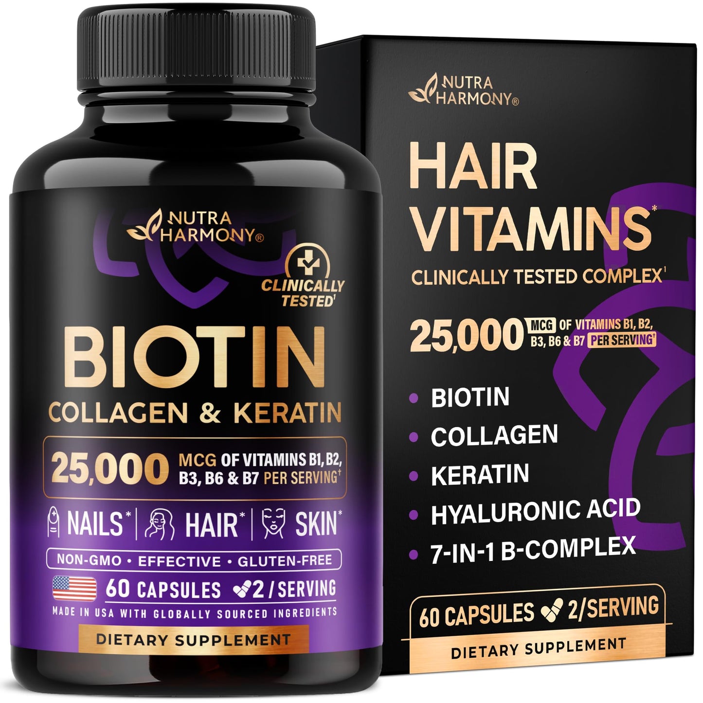 NUTRAHARMONY Biotin | Collagen | Hyaluronic Acid | Keratin - Support Normal Hair Growth Cycle - Skin & Nails - 25000mcg Vitamins B1, B2, B3, B6 & B7 - Maple Wellness Supplements
