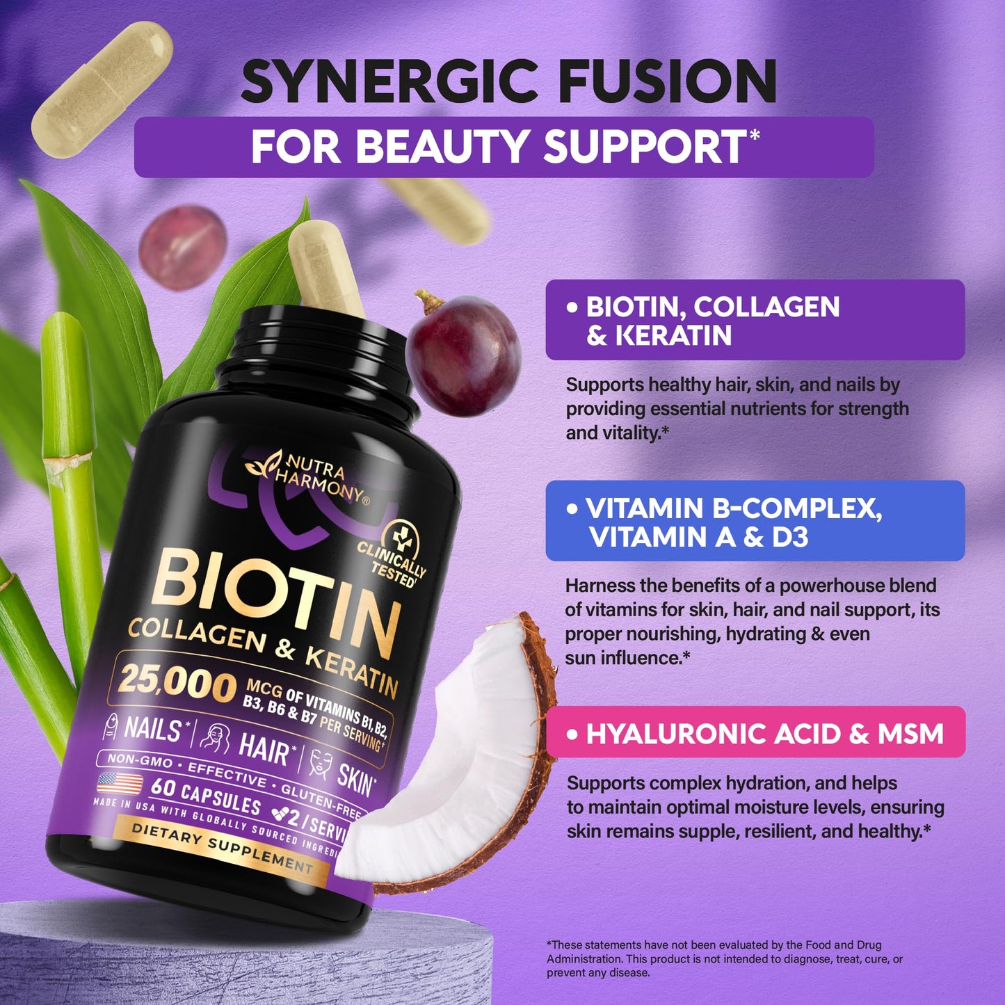 NUTRAHARMONY Biotin | Collagen | Hyaluronic Acid | Keratin - Support Normal Hair Growth Cycle - Skin & Nails - 25000mcg Vitamins B1, B2, B3, B6 & B7 - Maple Wellness Supplements