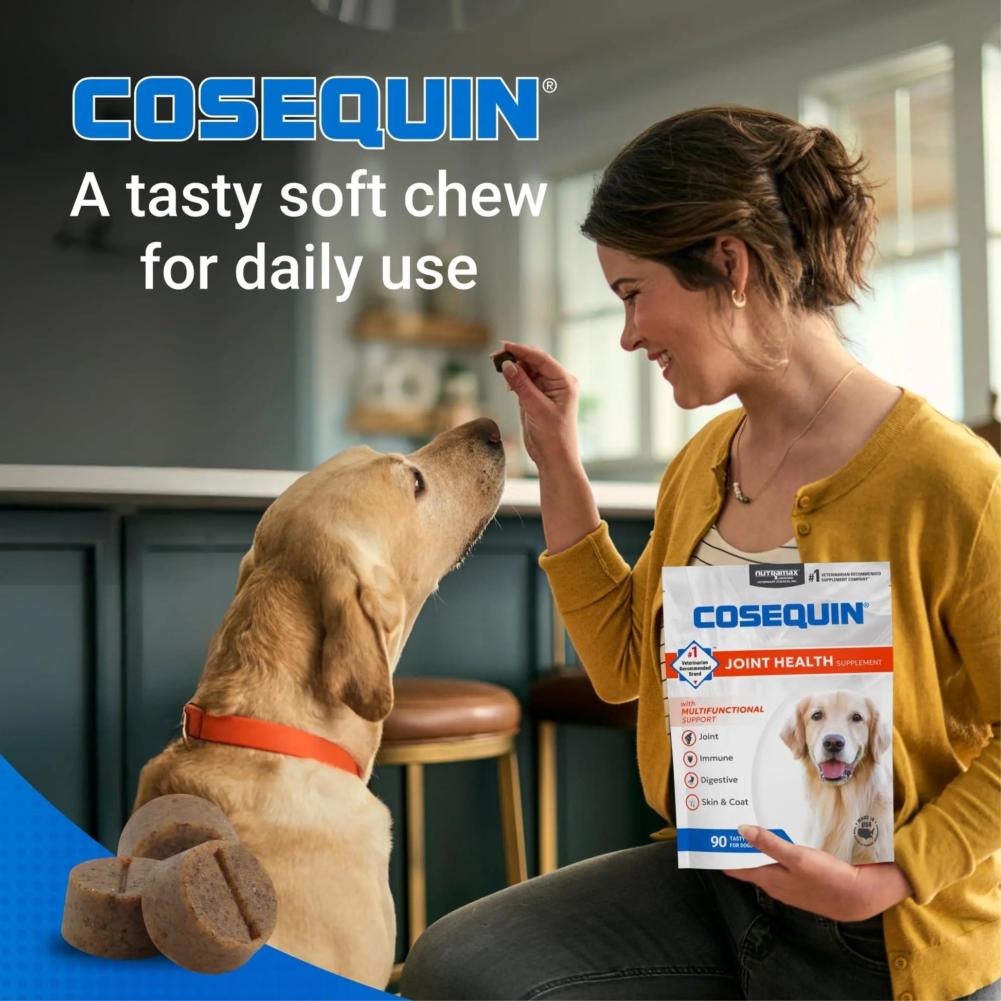 Nutramax Cosequin Joint Health Supplement with Multifunctional Support for Dogs, Soft Chews with Glucosamine, Chondroitin, Omega-3s, and Postbiotics, 90 Count - Maple Wellness Supplements