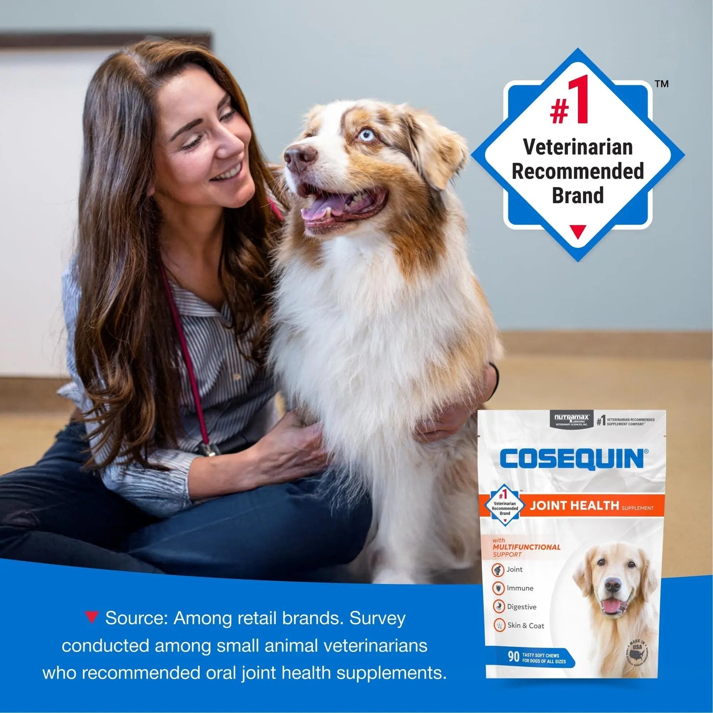 Nutramax Cosequin Joint Health Supplement with Multifunctional Support for Dogs, Soft Chews with Glucosamine, Chondroitin, Omega-3s, and Postbiotics, 90 Count - Maple Wellness Supplements