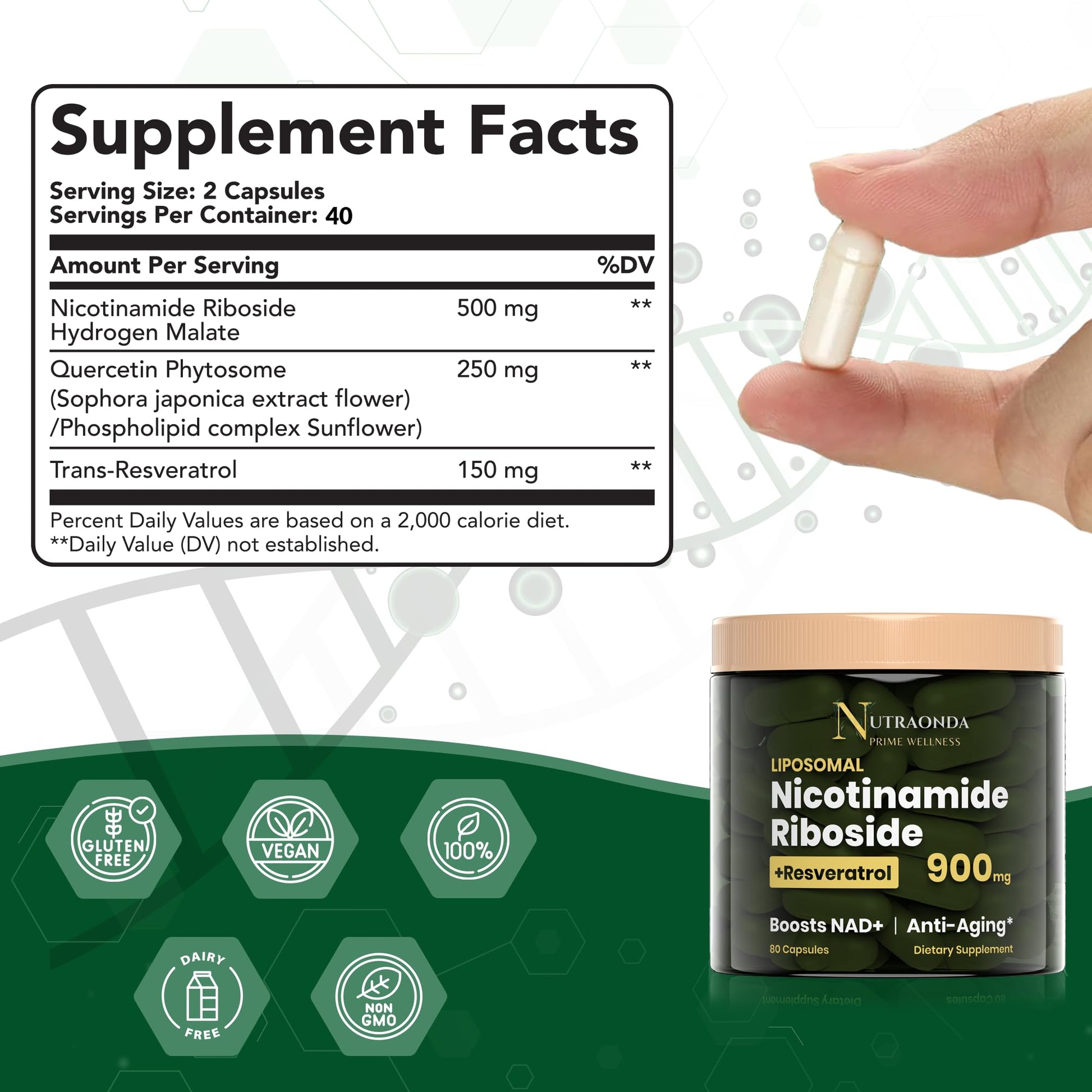 NUTRAONDA Liposomal Nicotinamide Riboside 900mg Resveratrol & Quercetin – NAD Supplement Plus for Anti Aging, Cellular Energy & Improve Health- 80 Capsules - Maple Wellness Supplements