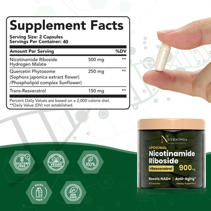 NUTRAONDA Liposomal Nicotinamide Riboside 900mg Resveratrol & Quercetin – NAD Supplement Plus for Anti Aging, Cellular Energy & Improve Health- 80 Capsules - Maple Wellness Supplements
