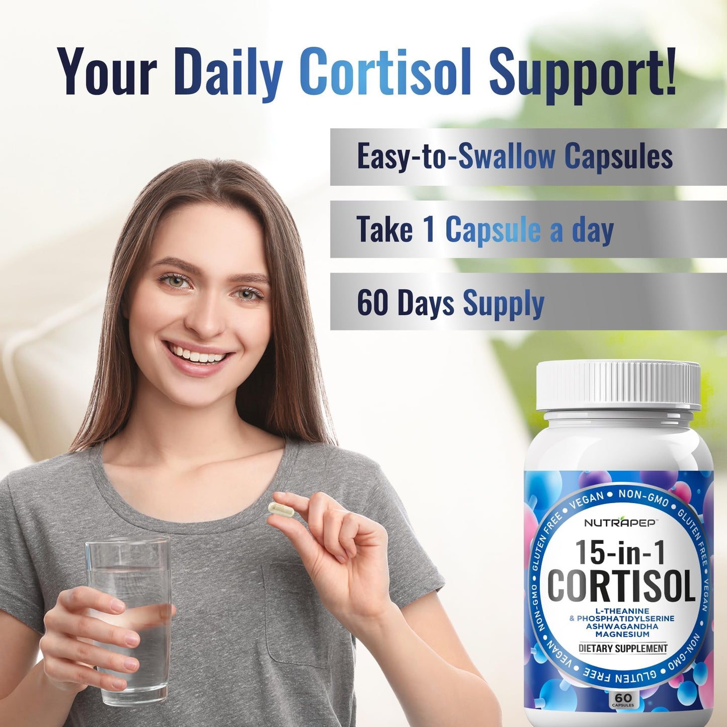 NutraPep Cortisol Detox Supplement Men Women - Reduce Lower Cortisol High Cortisol Reducer Blocker Control - Supports Stress Mood Rest Adrenal Calm Relax with Ashwagandha L-Theanine Magnesium - Maple Wellness Supplements