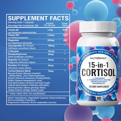 NutraPep Cortisol Detox Supplement Men Women - Reduce Lower Cortisol High Cortisol Reducer Blocker Control - Supports Stress Mood Rest Adrenal Calm Relax with Ashwagandha L-Theanine Magnesium - Maple Wellness Supplements