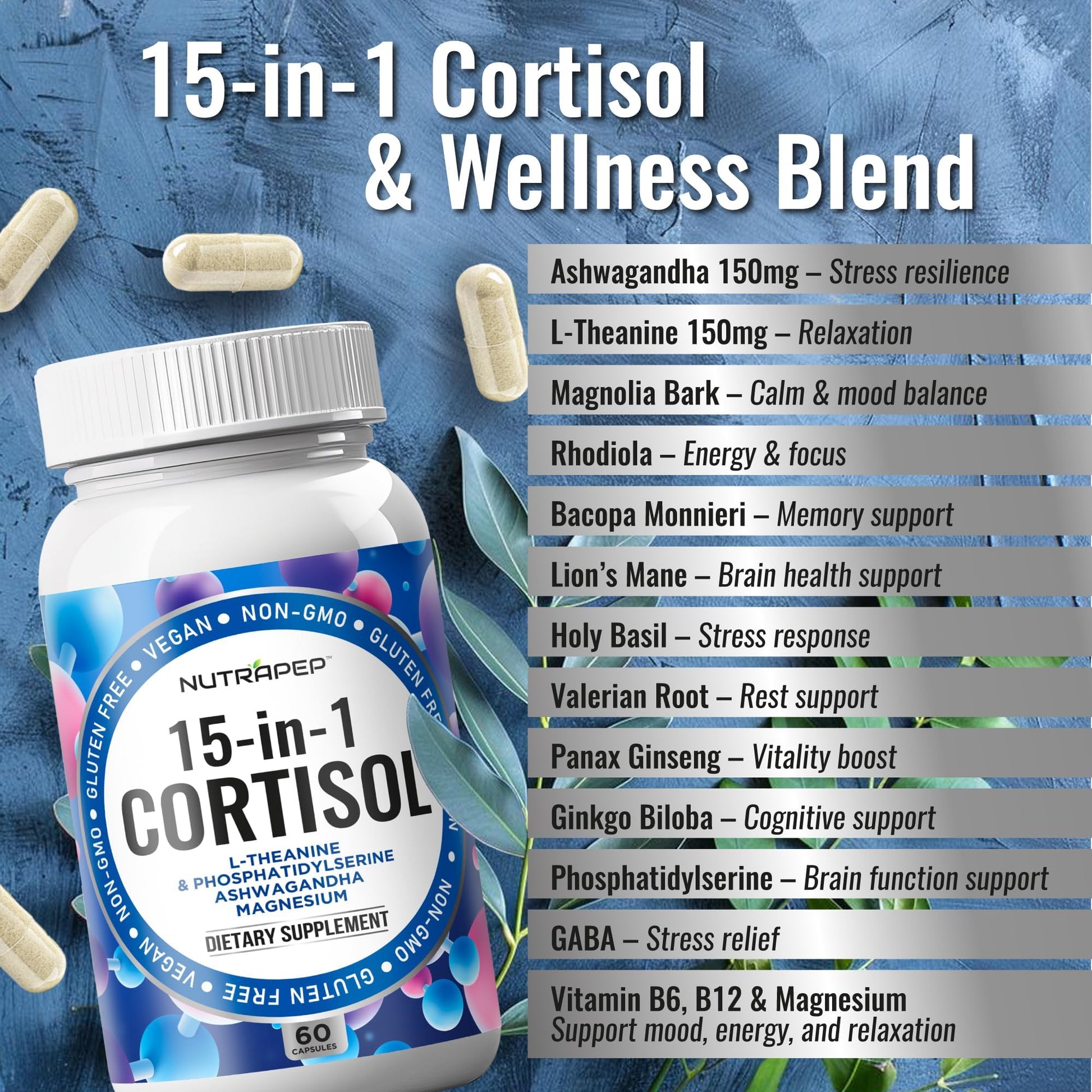 NutraPep Cortisol Detox Supplement Men Women - Reduce Lower Cortisol High Cortisol Reducer Blocker Control - Supports Stress Mood Rest Adrenal Calm Relax with Ashwagandha L-Theanine Magnesium - Maple Wellness Supplements