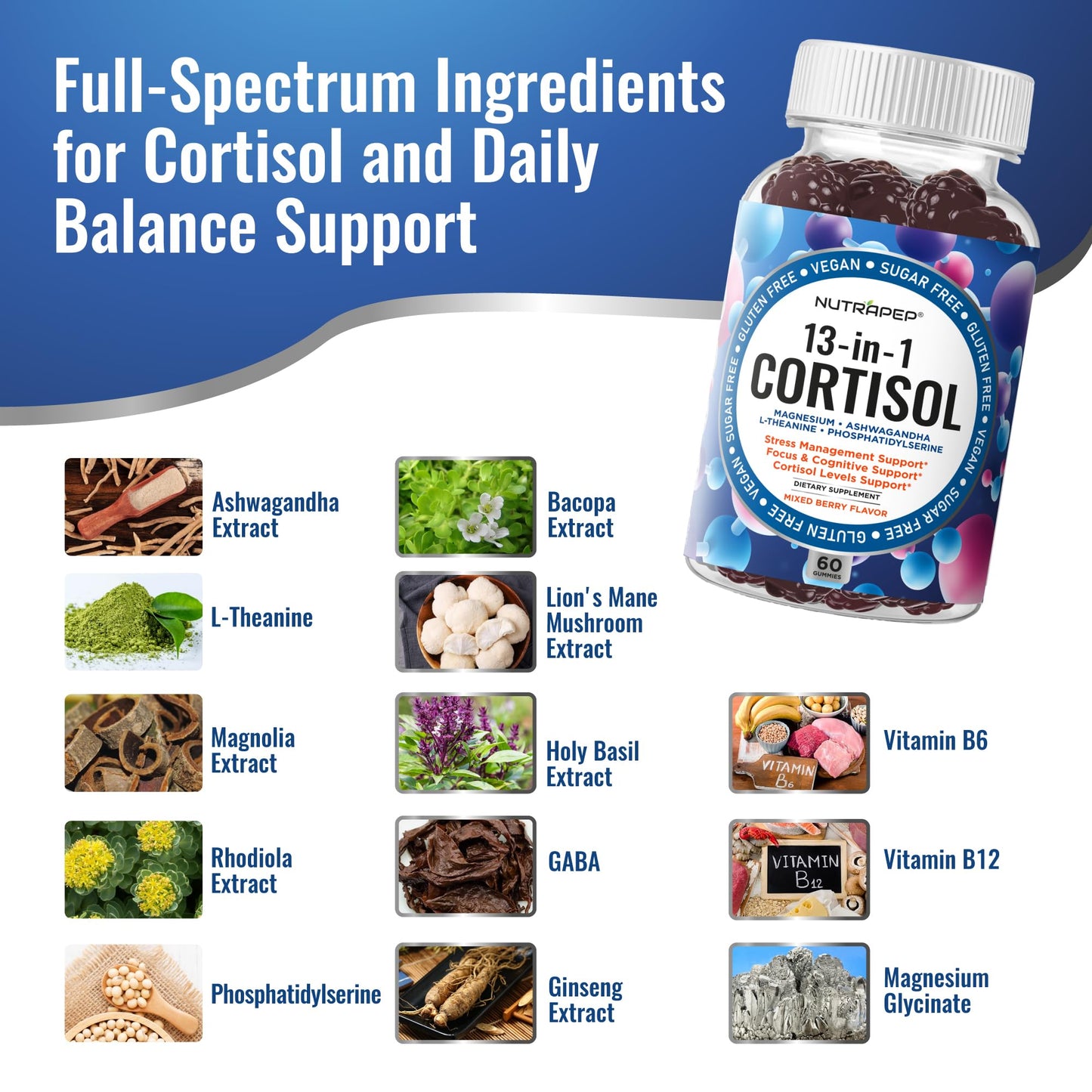 NutraPep Cortisol Gummies for Women Men - 13-in-1 High Cortisol Reducer with Ashwagandha Magnesium L-theanine Rhodiola Rosea - Daily Cortisol Detox Manager for Stress Focus Support - Vegan Sugar Free - Maple Wellness Supplements