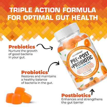 NutraPep Prebiotic Probiotic & Postbiotic Gummies for Women Men & Kids Children - High Potency 5 Billion CFU - Sugar-Free & Gluten 60 Count (Pack of 2) - Maple Wellness Supplements
