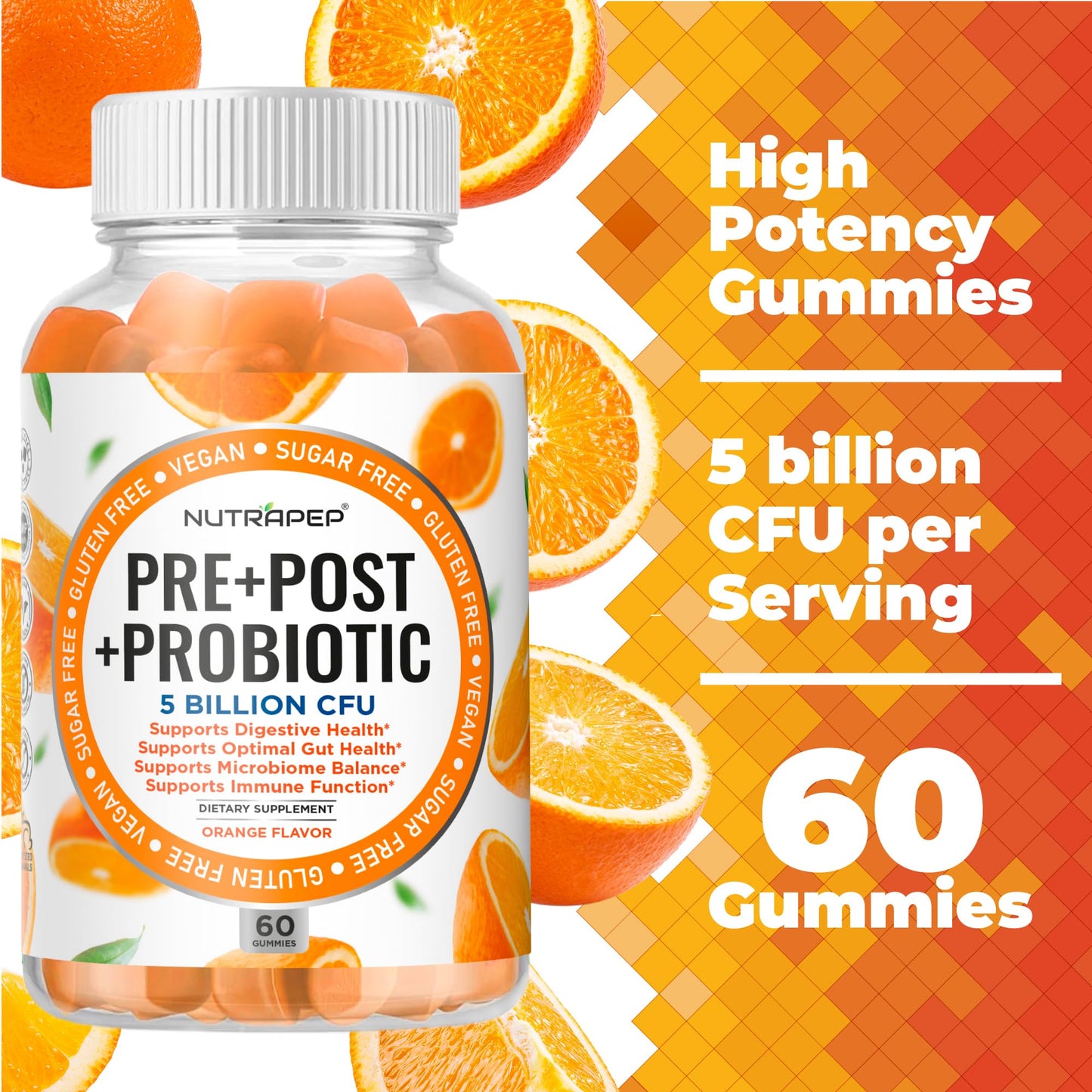 NutraPep Prebiotic Probiotic & Postbiotic Gummies for Women Men & Kids Children - High Potency 5 Billion CFU - Sugar-Free & Gluten 60 Count (Pack of 2) - Maple Wellness Supplements