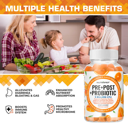 NutraPep Prebiotic Probiotic & Postbiotic Gummies for Women Men & Kids Children - High Potency 5 Billion CFU - Sugar-Free & Gluten 60 Count (Pack of 2) - Maple Wellness Supplements