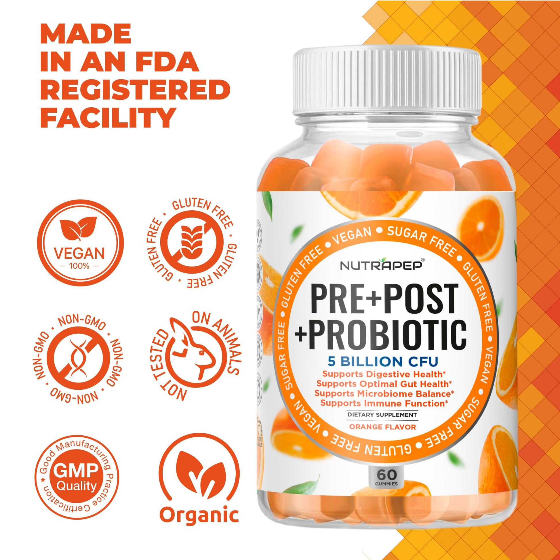NutraPep Prebiotic Probiotic & Postbiotic Gummies for Women Men & Kids Children - High Potency 5 Billion CFU - Sugar-Free & Gluten 60 Count (Pack of 2) - Maple Wellness Supplements