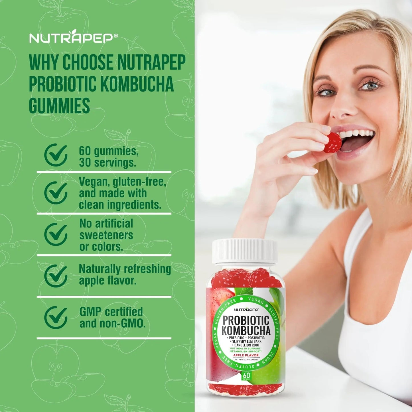 NutraPep Probiotic Kombucha Gummies - Women Men Probiotic Prebiotic Probiotic Blend for Gut Health Bloating Metabolism Support with Slippery Elm Bark Dandelion Root - Vegan Gluten Free Apple Flavor - Maple Wellness Supplements