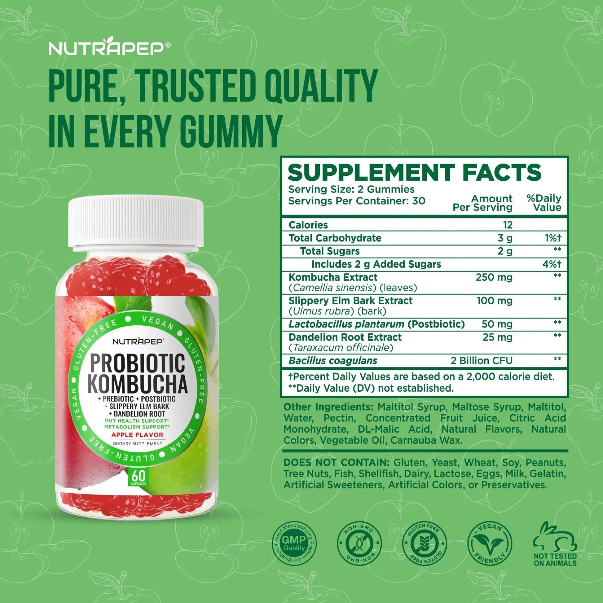 NutraPep Probiotic Kombucha Gummies - Women Men Probiotic Prebiotic Probiotic Blend for Gut Health Bloating Metabolism Support with Slippery Elm Bark Dandelion Root - Vegan Gluten Free Apple Flavor - Maple Wellness Supplements
