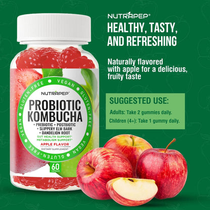 NutraPep Probiotic Kombucha Gummies - Women Men Probiotic Prebiotic Probiotic Blend for Gut Health Bloating Metabolism Support with Slippery Elm Bark Dandelion Root - Vegan Gluten Free Apple Flavor - Maple Wellness Supplements
