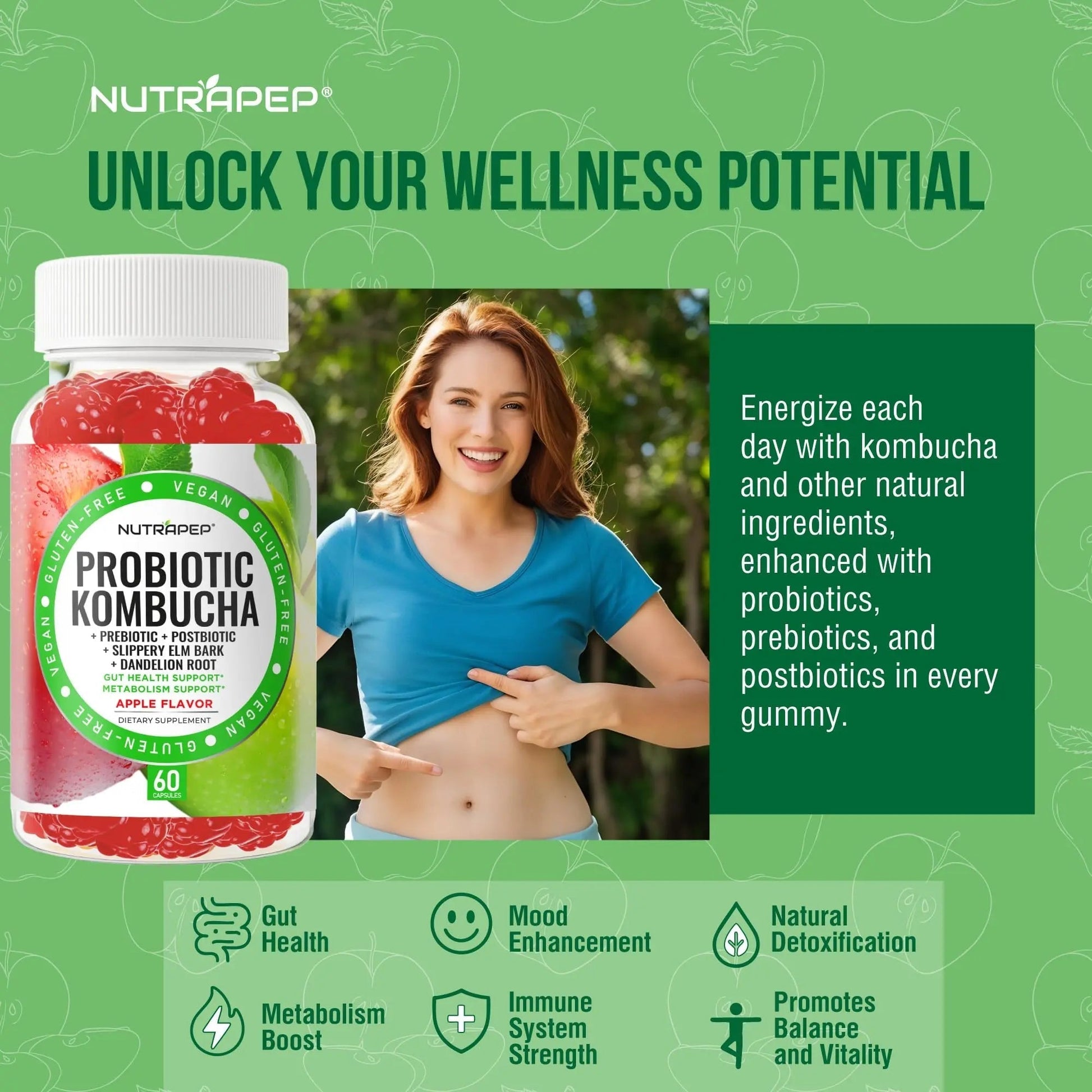 NutraPep Probiotic Kombucha Gummies - Women Men Probiotic Prebiotic Probiotic Blend for Gut Health Bloating Metabolism Support with Slippery Elm Bark Dandelion Root - Vegan Gluten Free Apple Flavor - Maple Wellness Supplements