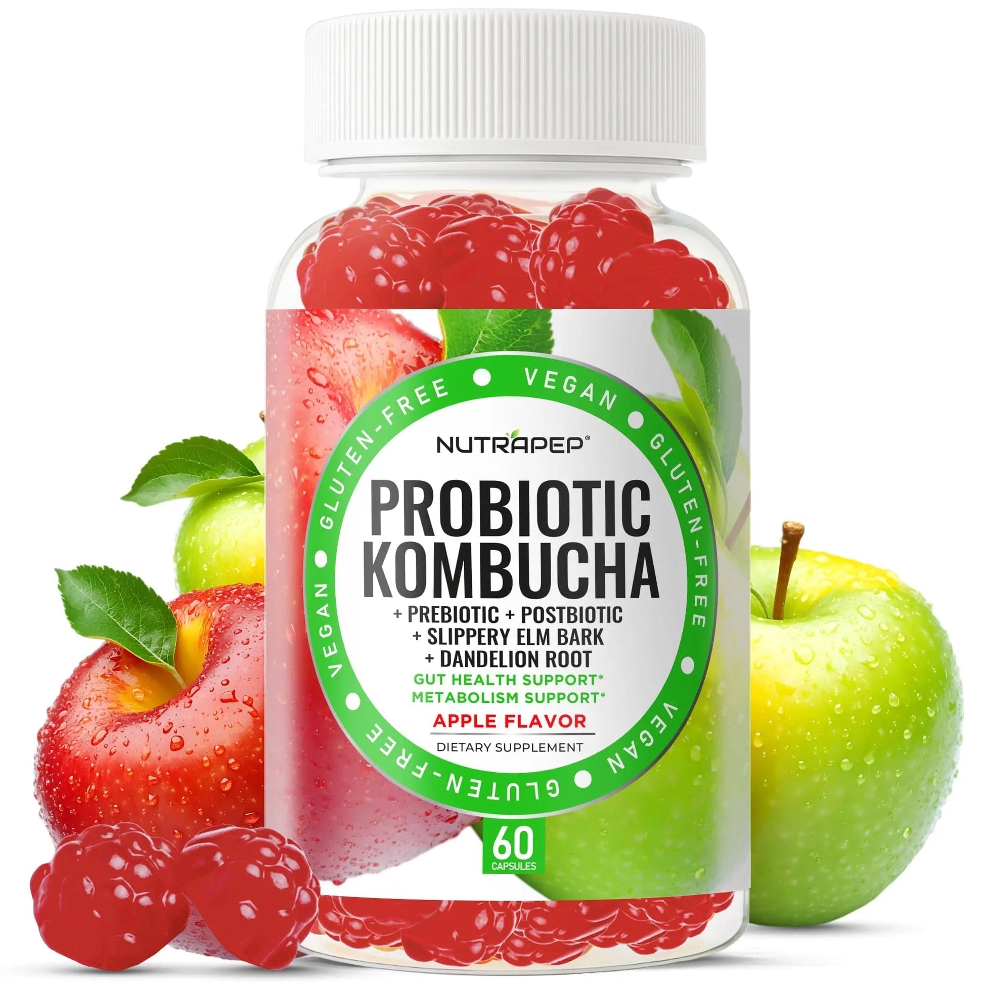 NutraPep Probiotic Kombucha Gummies - Women Men Probiotic Prebiotic Probiotic Blend for Gut Health Bloating Metabolism Support with Slippery Elm Bark Dandelion Root - Vegan Gluten Free Apple Flavor - Maple Wellness Supplements