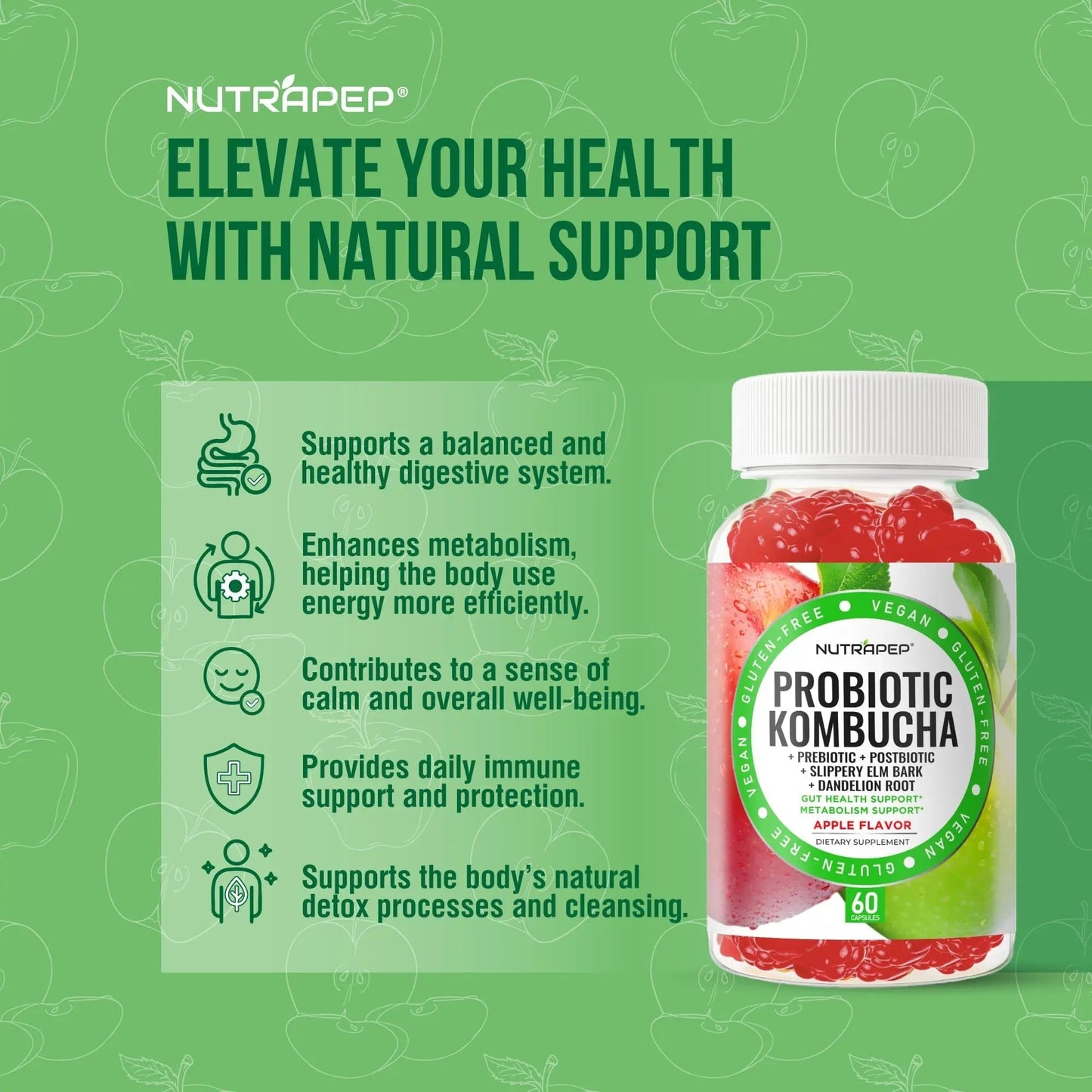 NutraPep Probiotic Kombucha Gummies - Women Men Probiotic Prebiotic Probiotic Blend for Gut Health Bloating Metabolism Support with Slippery Elm Bark Dandelion Root - Vegan Gluten Free Apple Flavor - Maple Wellness Supplements