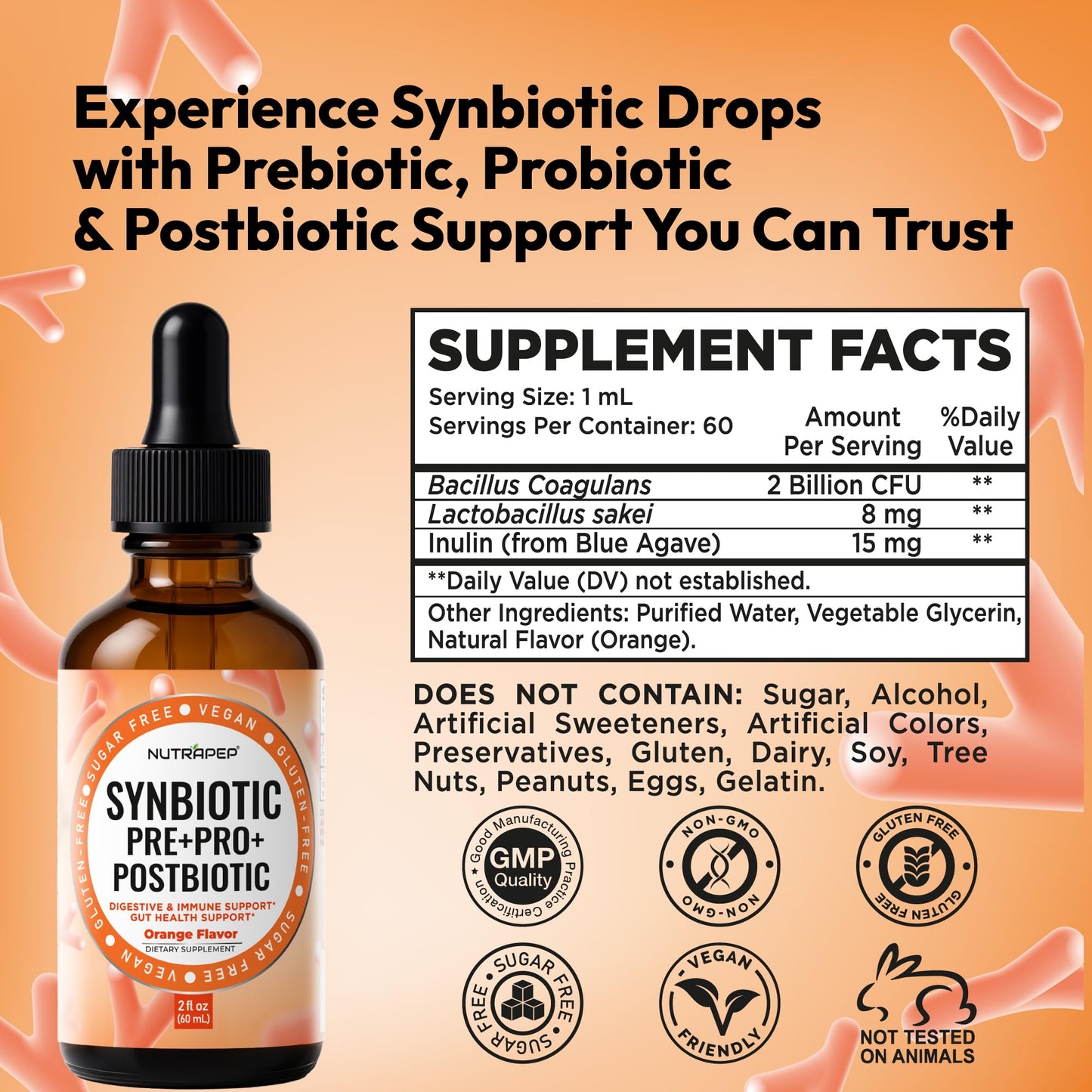 NutraPep Synbiotic Liquid Drops - Probiotic Prebiotic & Postbiotic Supplement for Adults Kids Ages 4+ - Daily Synbiotic for Gut Health Digestive & Immune Support - Maple Wellness Supplements