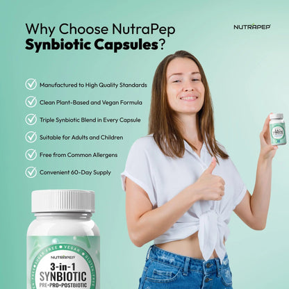 NutraPep Synbiotics Probiotic Prebiotic Postbiotic - Daily Gut Health Support with Pre Pro & Post Biotics for Men Women - Digestive & Immune Support Balance Synbiotic Supplement - Vegan Gluten Free - Maple Wellness Supplements