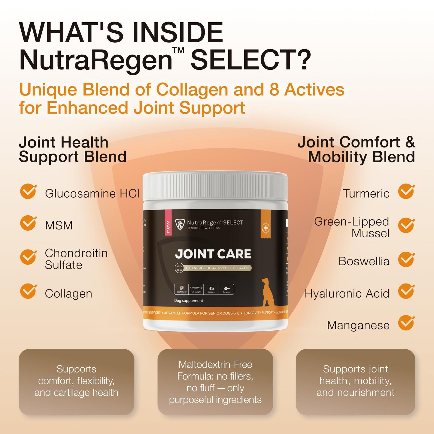 NutraRegen Select Senior Dog Joint Supplement 45 Scoops | Natural Glucosamine Chondroitin for Dogs with Collagen | Hip and Joint Powder | 7.7 Oz - Maple Wellness Supplements