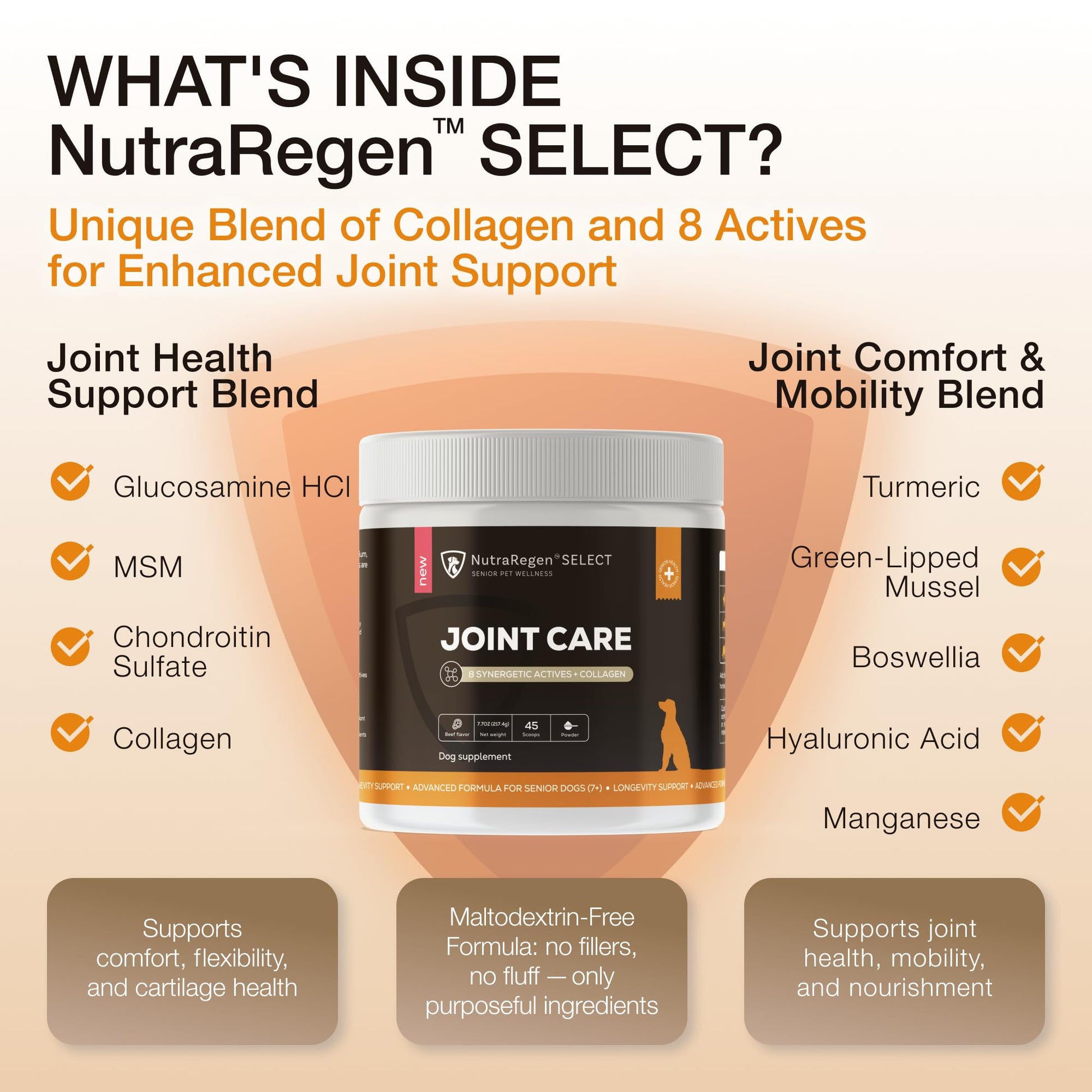 NutraRegen Select Senior Dog Joint Supplement 45 Scoops | Natural Glucosamine Chondroitin for Dogs with Collagen | Hip and Joint Powder | 7.7 Oz - Maple Wellness Supplements