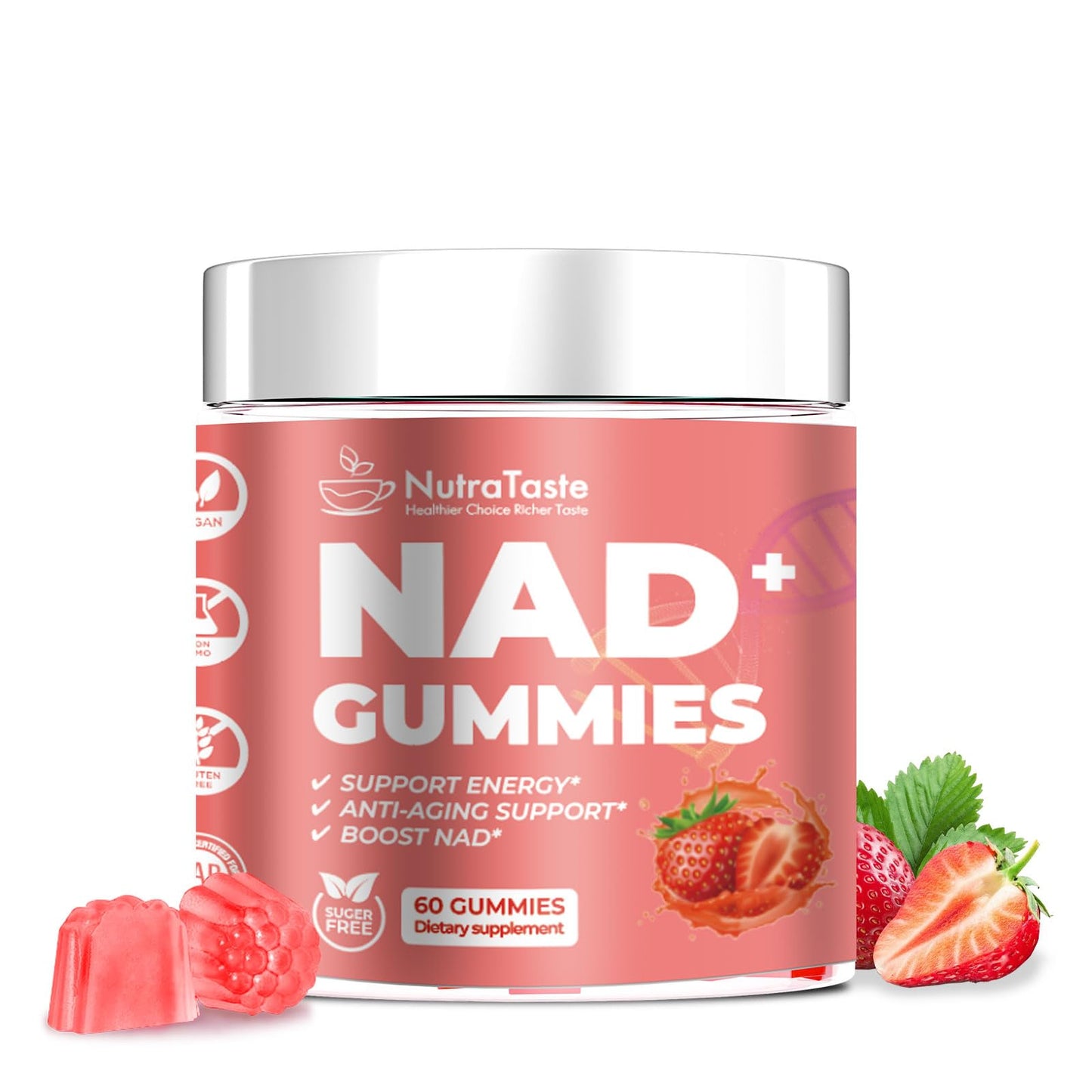 NUTRATASTE HEALTHIER CHOICE RICHER TASTE NAD⁺ Gummies Supplement for Anti-Aging, Energy & Focus Boost | Resveratrol, Nicotinamide Riboside | Strawberry Flavor, Vegan, Sugar-Free,60 Count (Pack of 1) - Maple Wellness Supplements