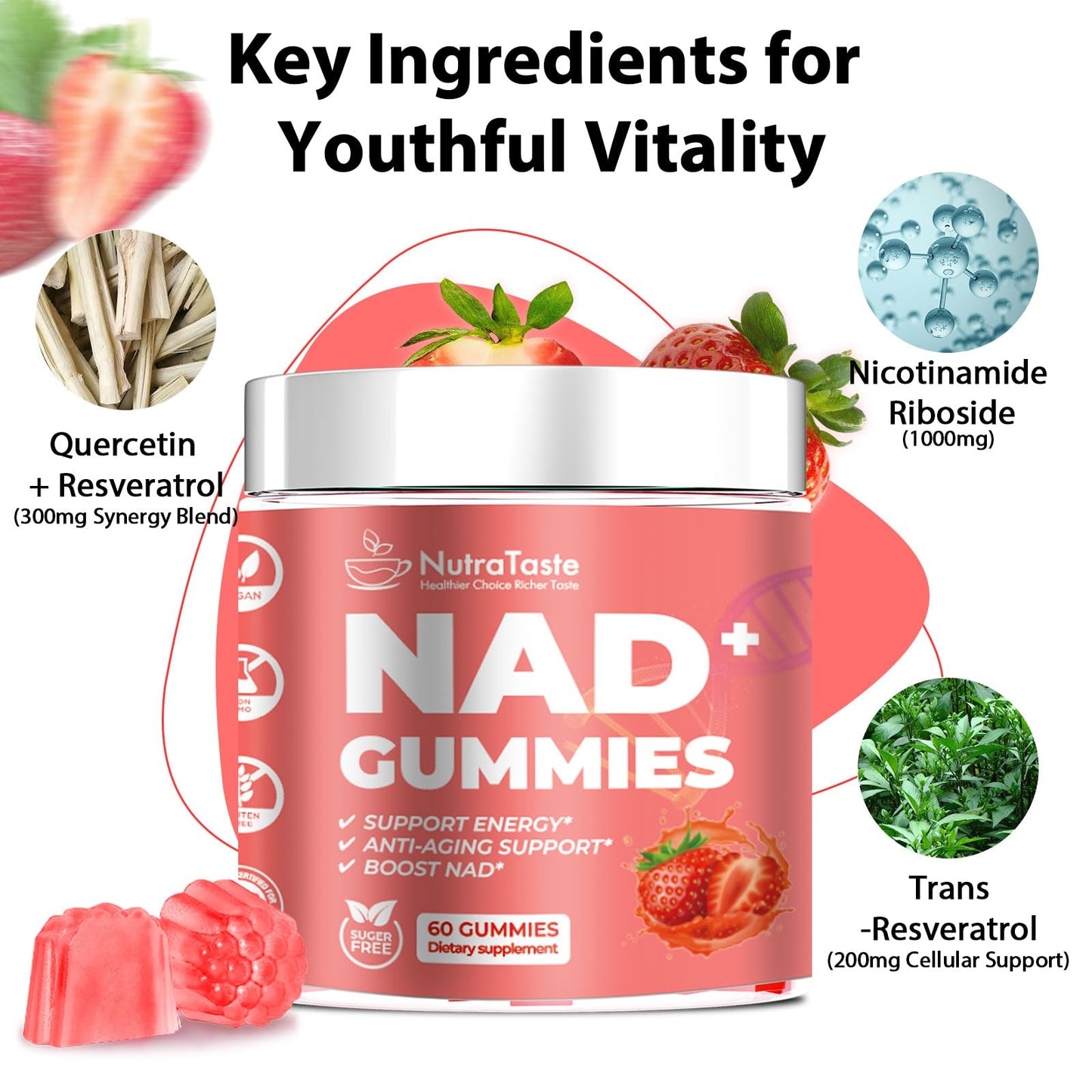 NUTRATASTE HEALTHIER CHOICE RICHER TASTE NAD⁺ Gummies Supplement for Anti-Aging, Energy & Focus Boost | Resveratrol, Nicotinamide Riboside | Strawberry Flavor, Vegan, Sugar-Free,60 Count (Pack of 1) - Maple Wellness Supplements