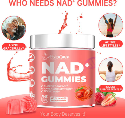 NUTRATASTE HEALTHIER CHOICE RICHER TASTE NAD⁺ Gummies Supplement for Anti-Aging, Energy & Focus Boost | Resveratrol, Nicotinamide Riboside | Strawberry Flavor, Vegan, Sugar-Free,60 Count (Pack of 1) - Maple Wellness Supplements