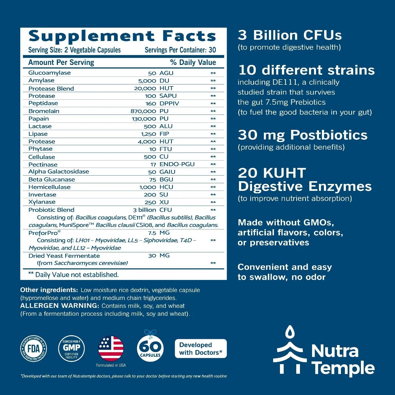 NUTRATEMPLE 4 in 1 Pre Post Probiotics & Digestive Enzymes for Women & Men - Digestive Health, Gut & Immune Support for Occasional Constipation, Diarrhea, Gas & Bloating – 60 Veggie Capsules - Maple Wellness Supplements