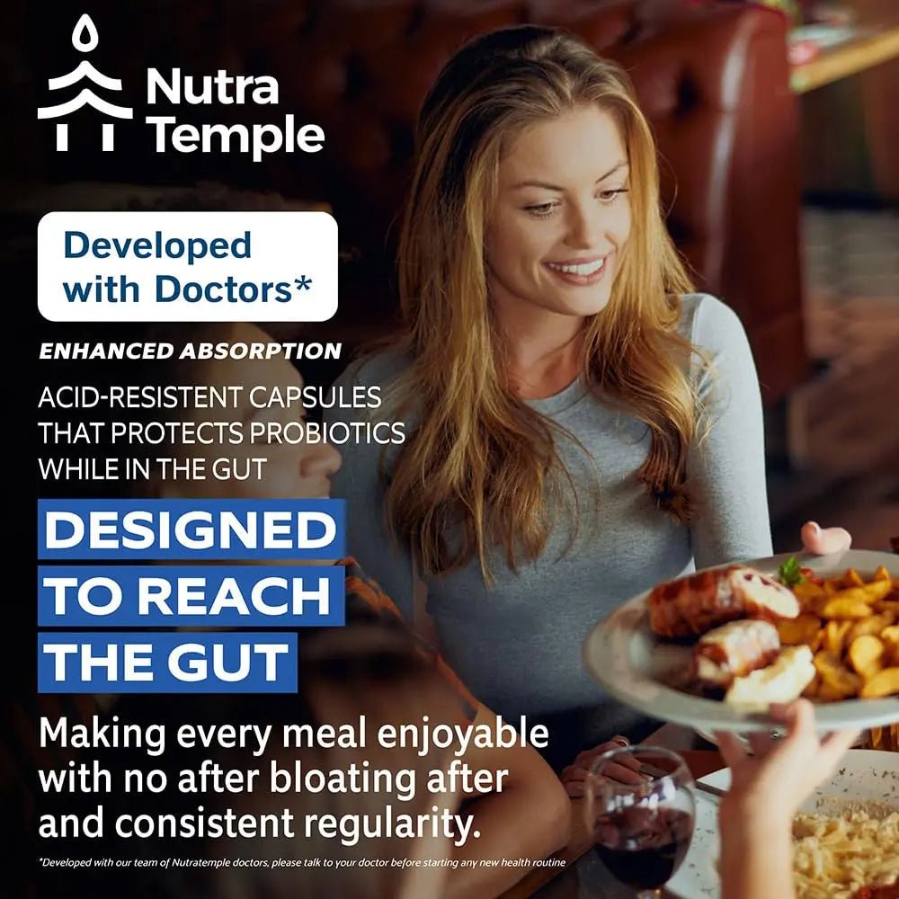NUTRATEMPLE 4 in 1 Pre Post Probiotics & Digestive Enzymes for Women & Men - Digestive Health, Gut & Immune Support for Occasional Constipation, Diarrhea, Gas & Bloating – 60 Veggie Capsules - Maple Wellness Supplements