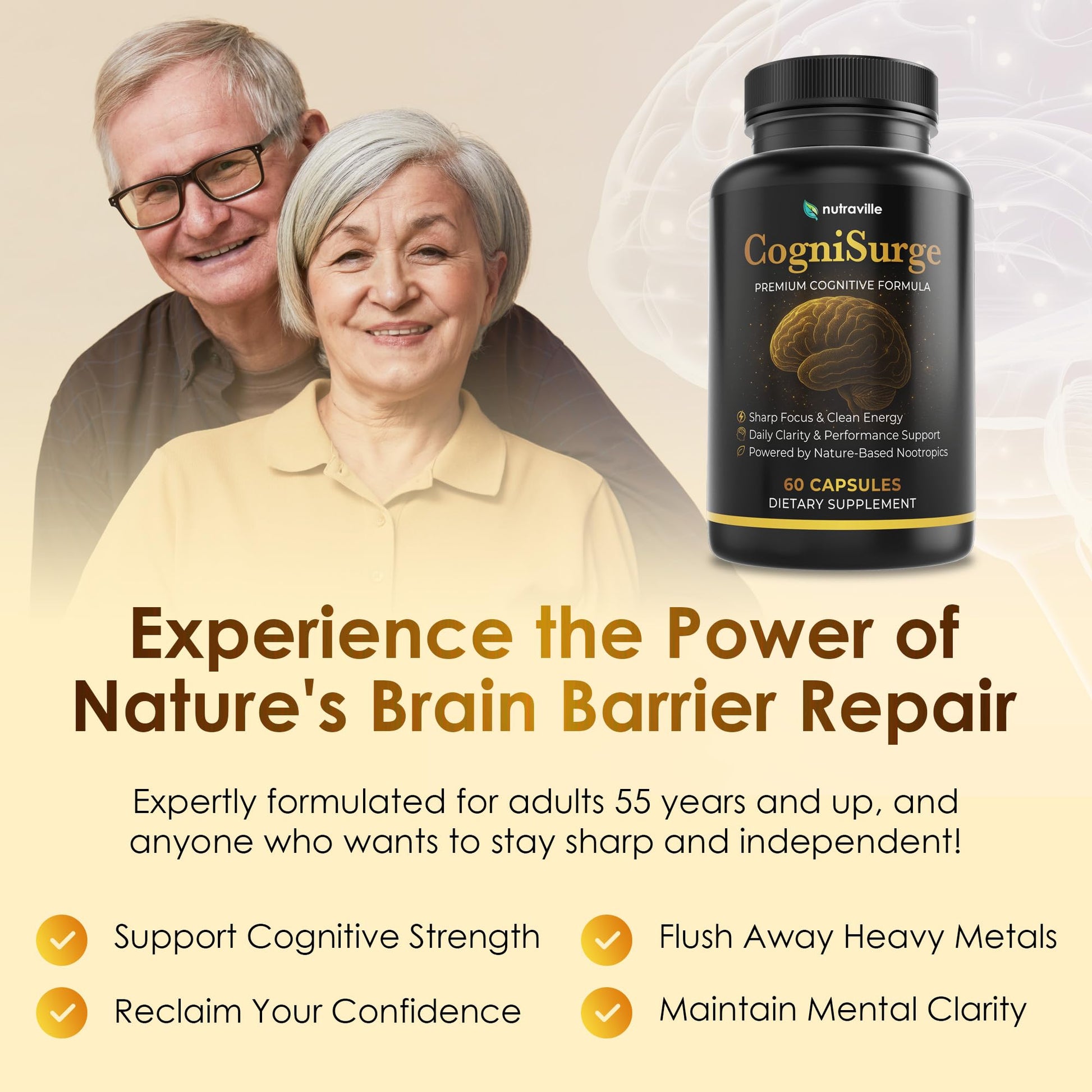 Nutraville CogniSurge Nootropics Brain Support Supplement for Memory and Focus - Nature-Powered Lion's Mane Supplement Capsules with Shilajit - No Caffeine or Stimulants - 30 Servings - Maple Wellness Supplements