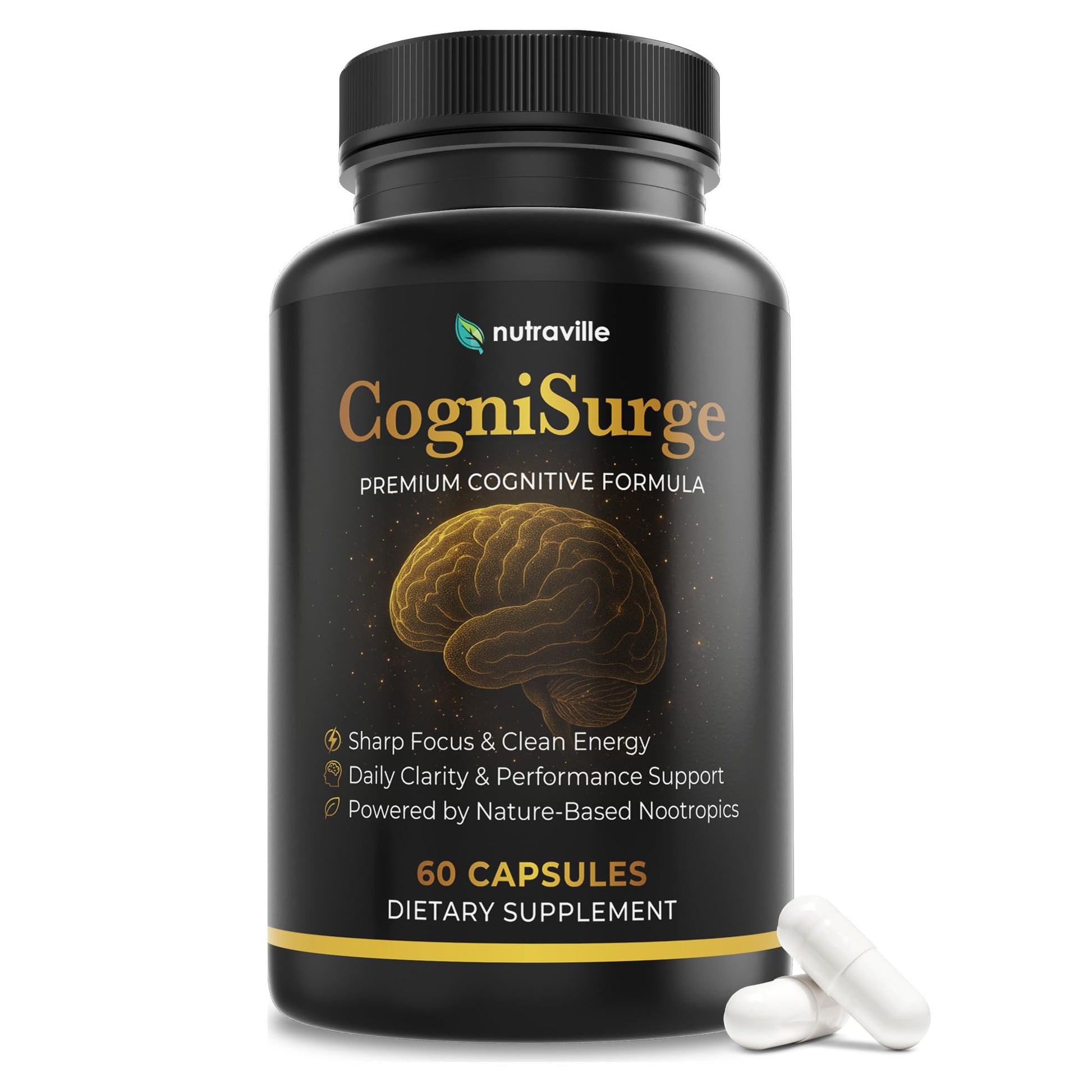 Nutraville CogniSurge Nootropics Brain Support Supplement for Memory and Focus - Nature-Powered Lion's Mane Supplement Capsules with Shilajit - No Caffeine or Stimulants - 30 Servings - Maple Wellness Supplements